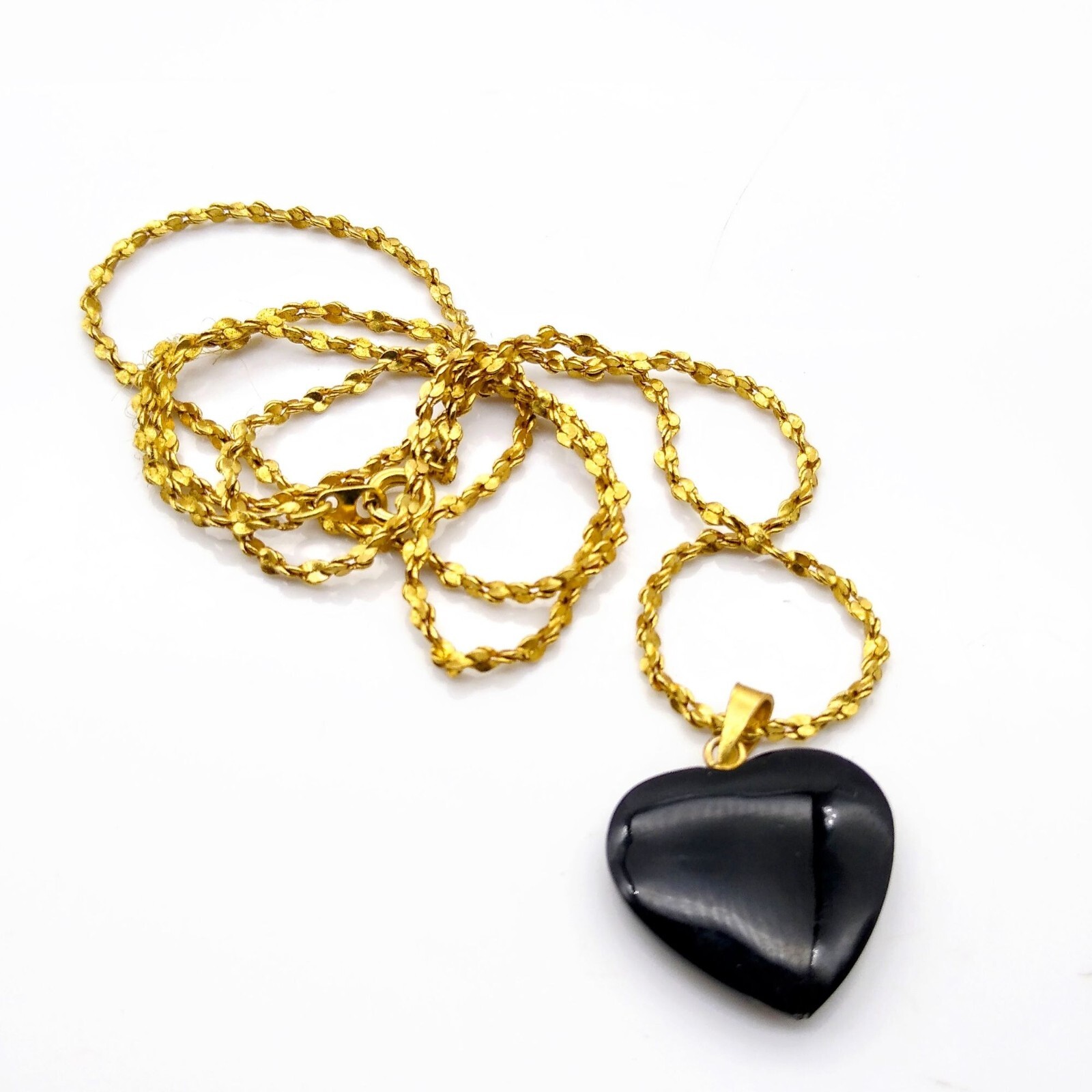 Onyx Heart Pendant Necklace, Black Natural Stone on Gold Tone Margarita Chain