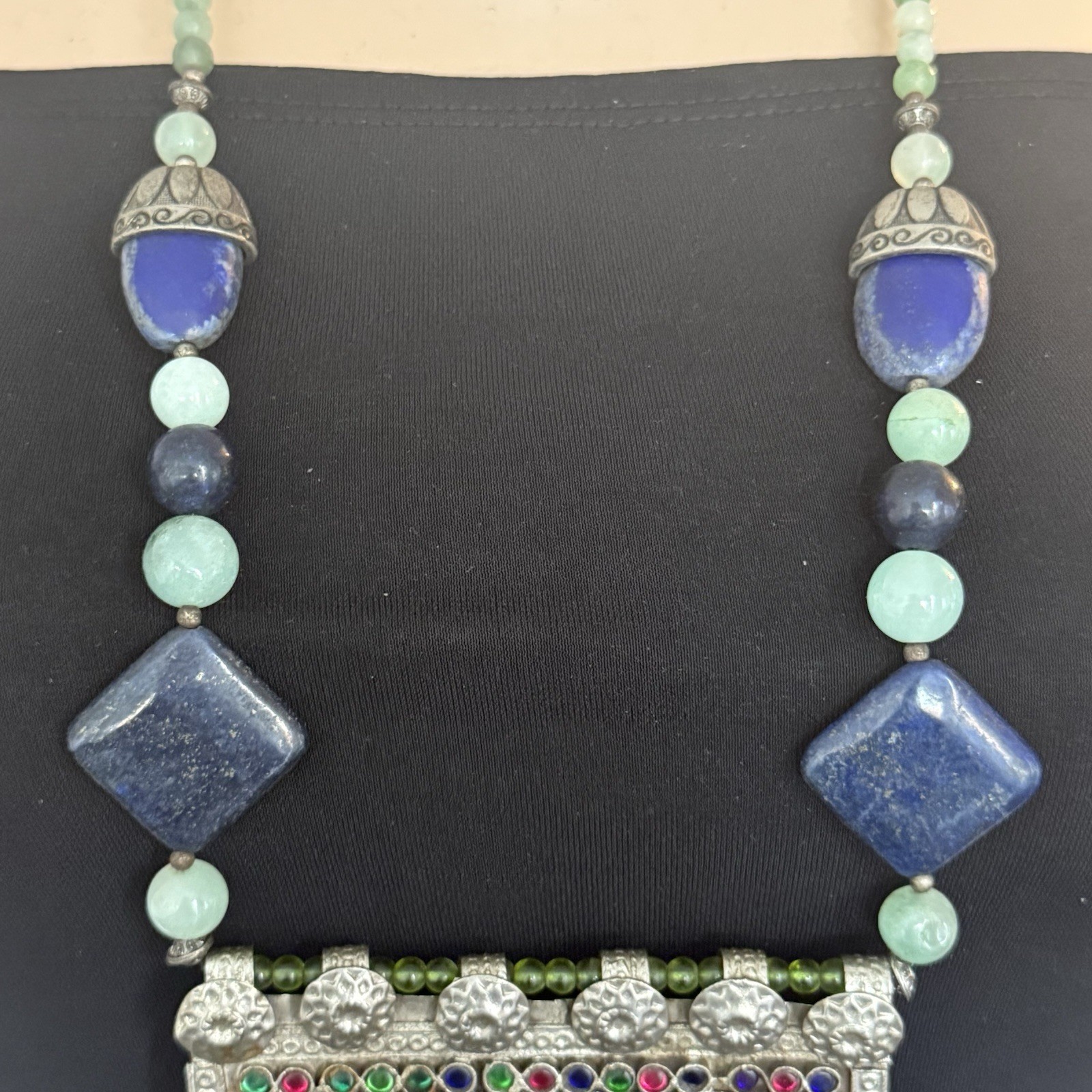 Multicolor Beaded Statement Necklace Silver Rectangle Floral Charm Dangle
