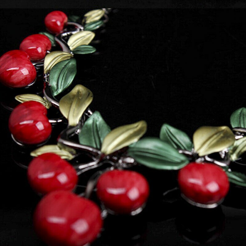 US Seller Cute Enamel Red Cherry Leafs Gun Black Chain Necklace