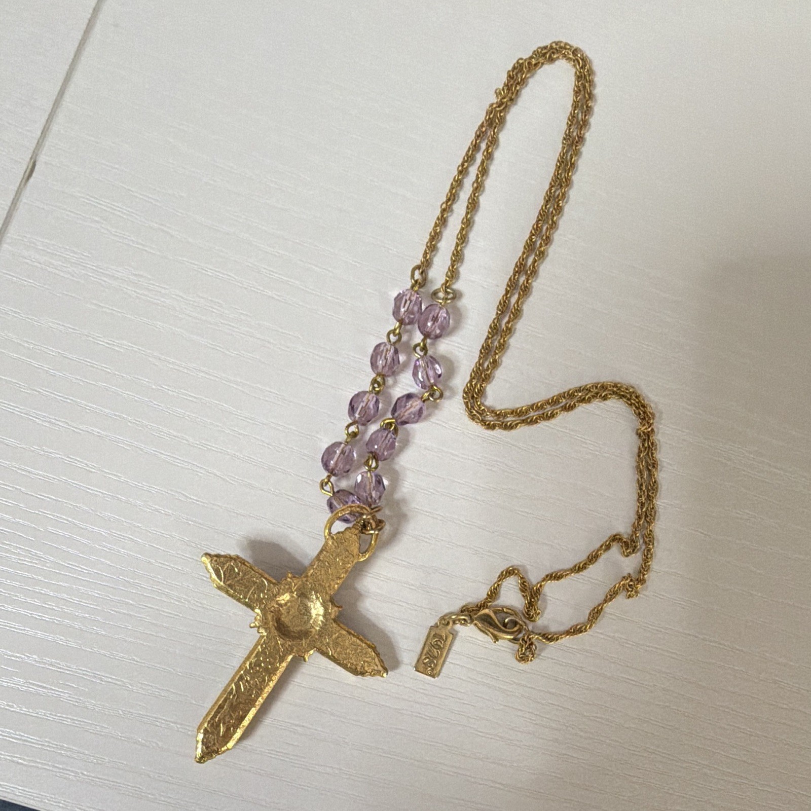 Gold Tone Rope Chain Necklace Purple Crystal Bead Cross Pendant Lobster