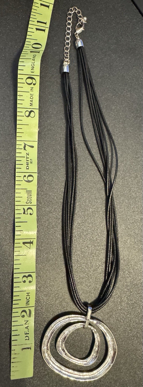 Silver Tone Hammered Metal On Multi Strand Black Cord Necklace M2