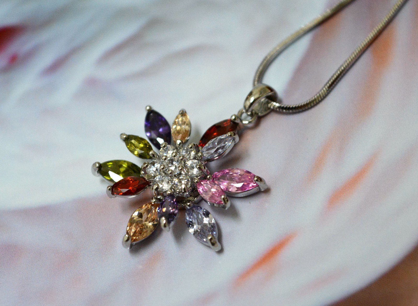 18KGP White Gold Cubic Zirconia Multi Color Flora Pendant Necklaces