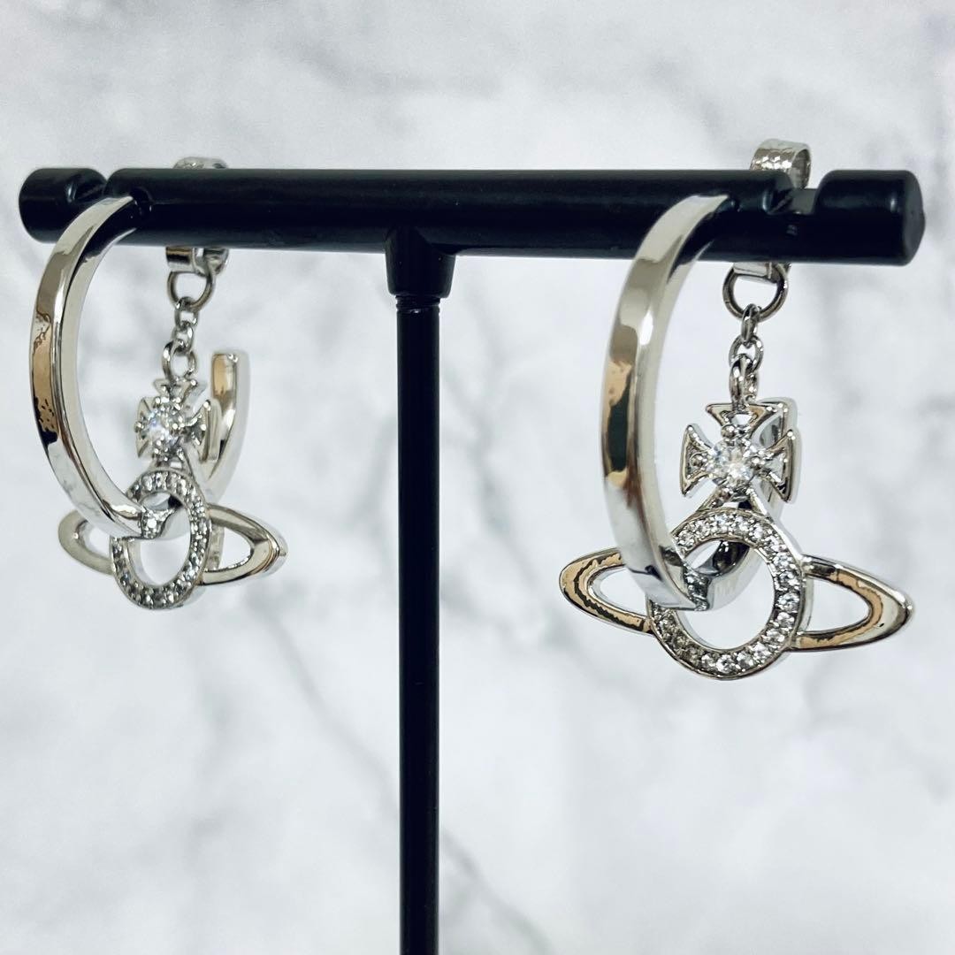 Vivienne Westwood Earrings MIRANDA Orb Hoop Dangle Silver w/Pouch NO BOX