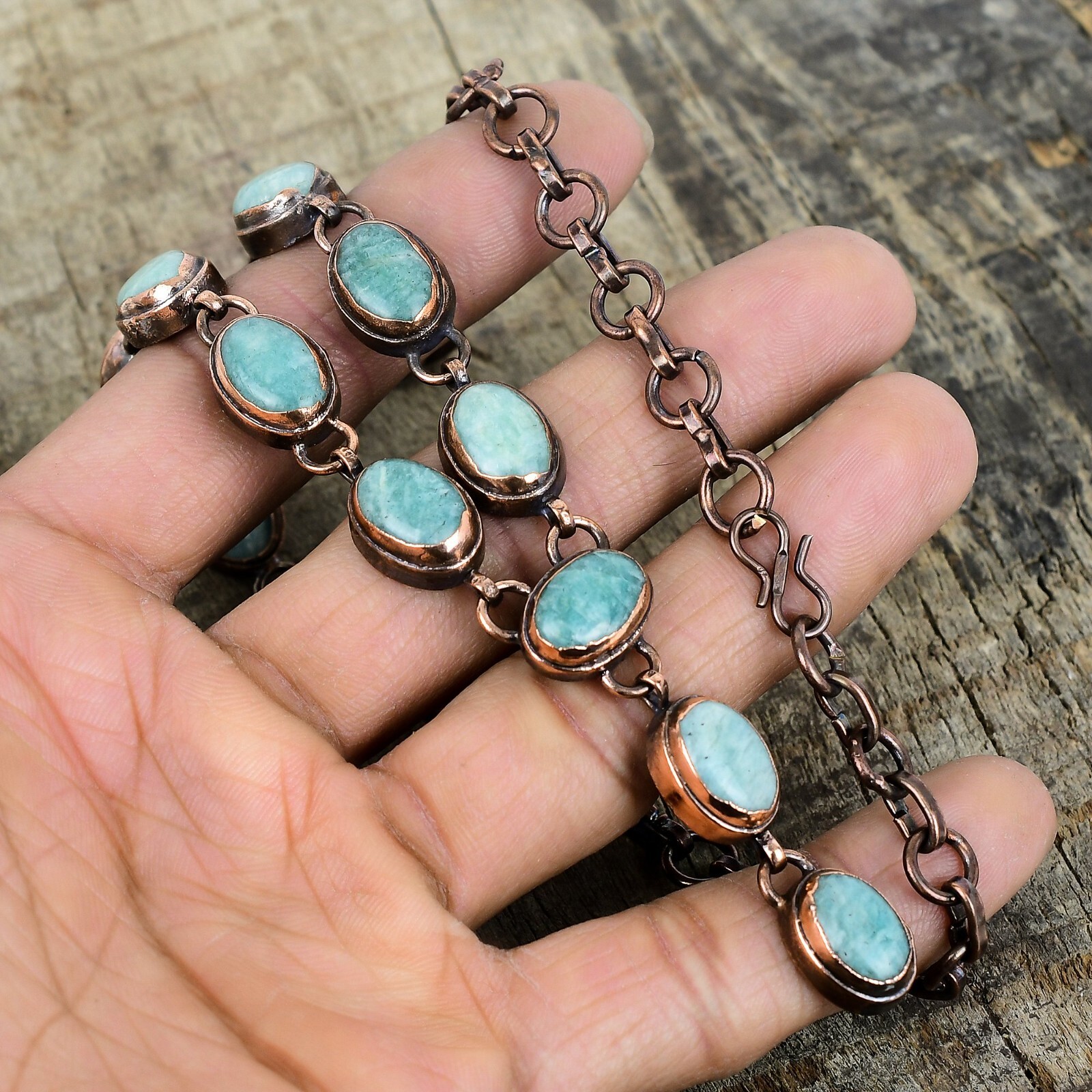 Valentines Deal Copper Amazonite Gemstone Chain Electroformed Necklace Jewelry