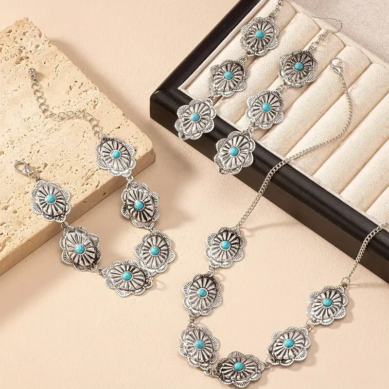 Boho 925 Sterling Silver Gypsy Tibetan Turquoise Earrings Bracelet Necklace Set