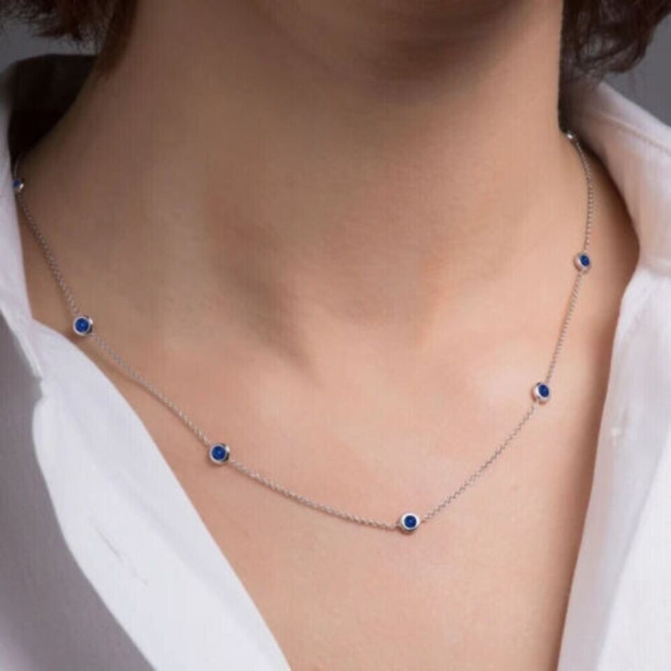 3Ct Round Cut Simulated Sapphire Station Necklace in 14K White Gold Plated 925