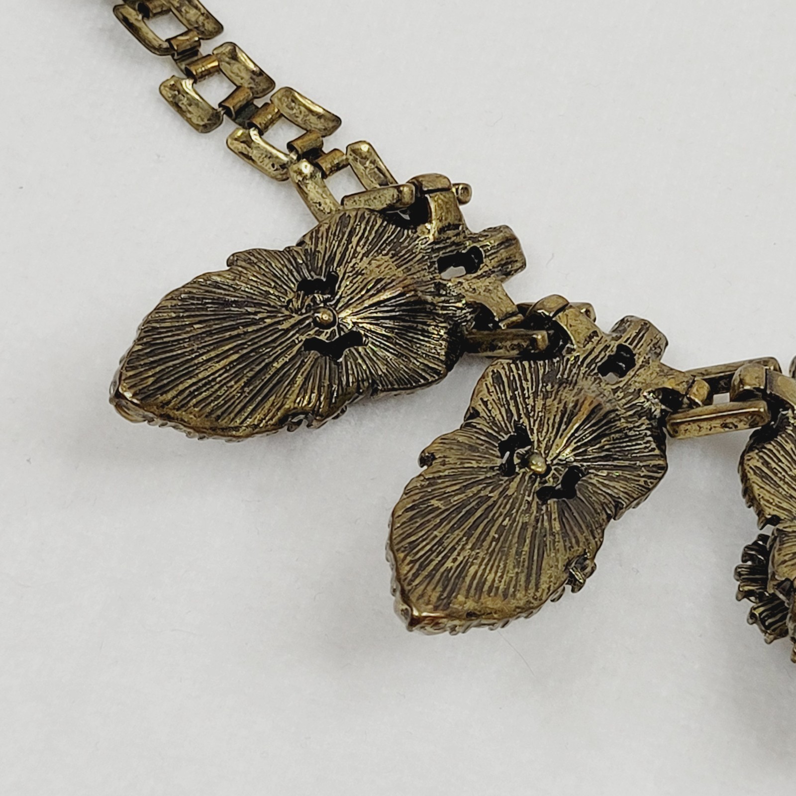 Antiqued Brass Tone Fashion Jewelry Necklace Colorless Rhinestones Statement Art