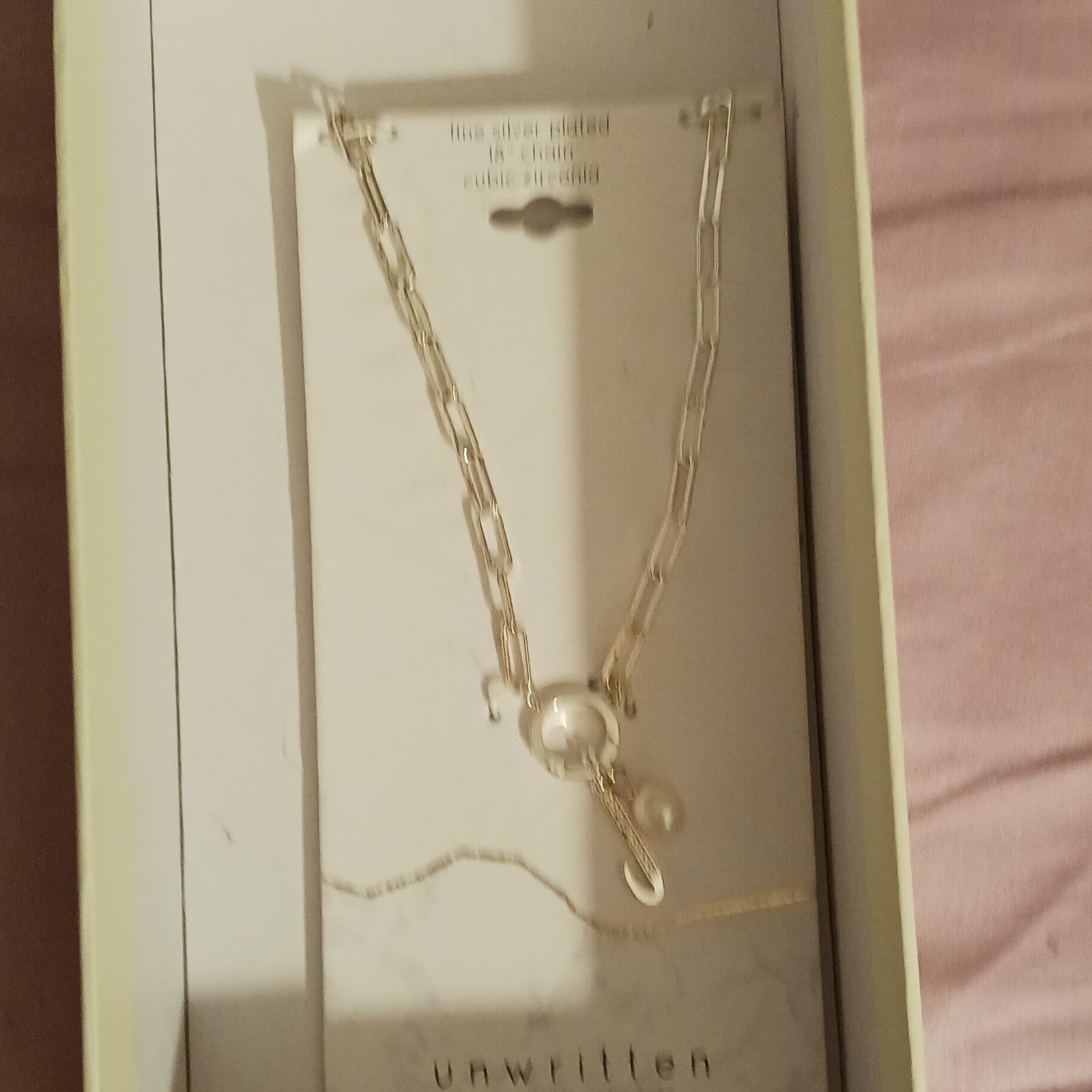 Fine Silver Plated 18″ Plated Chain Necklace w/ White CZ- PEARL. Letter J.