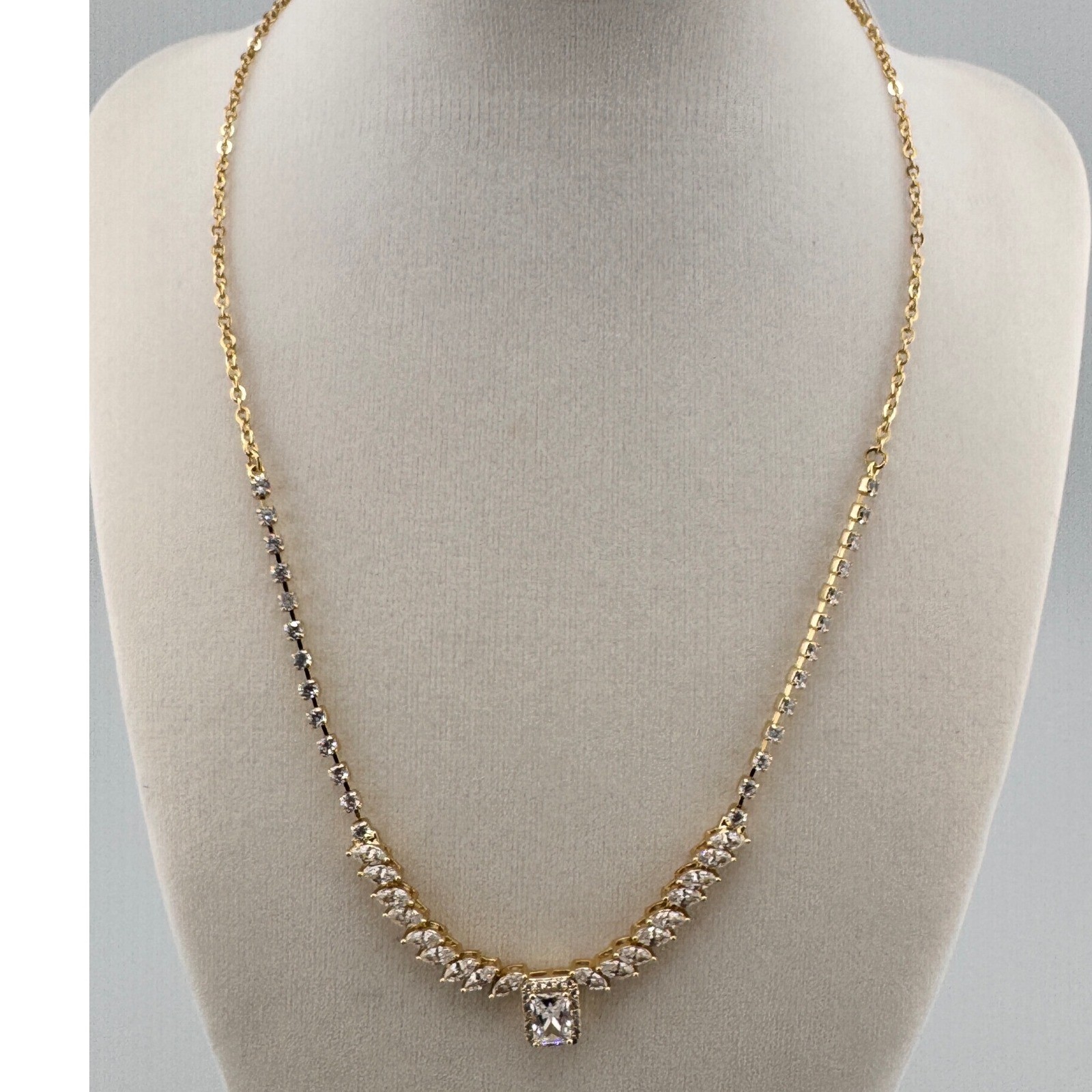 Gold Tone Emerald Cut Cubic Zirconia Marquise Drop Statement Necklace Bridal