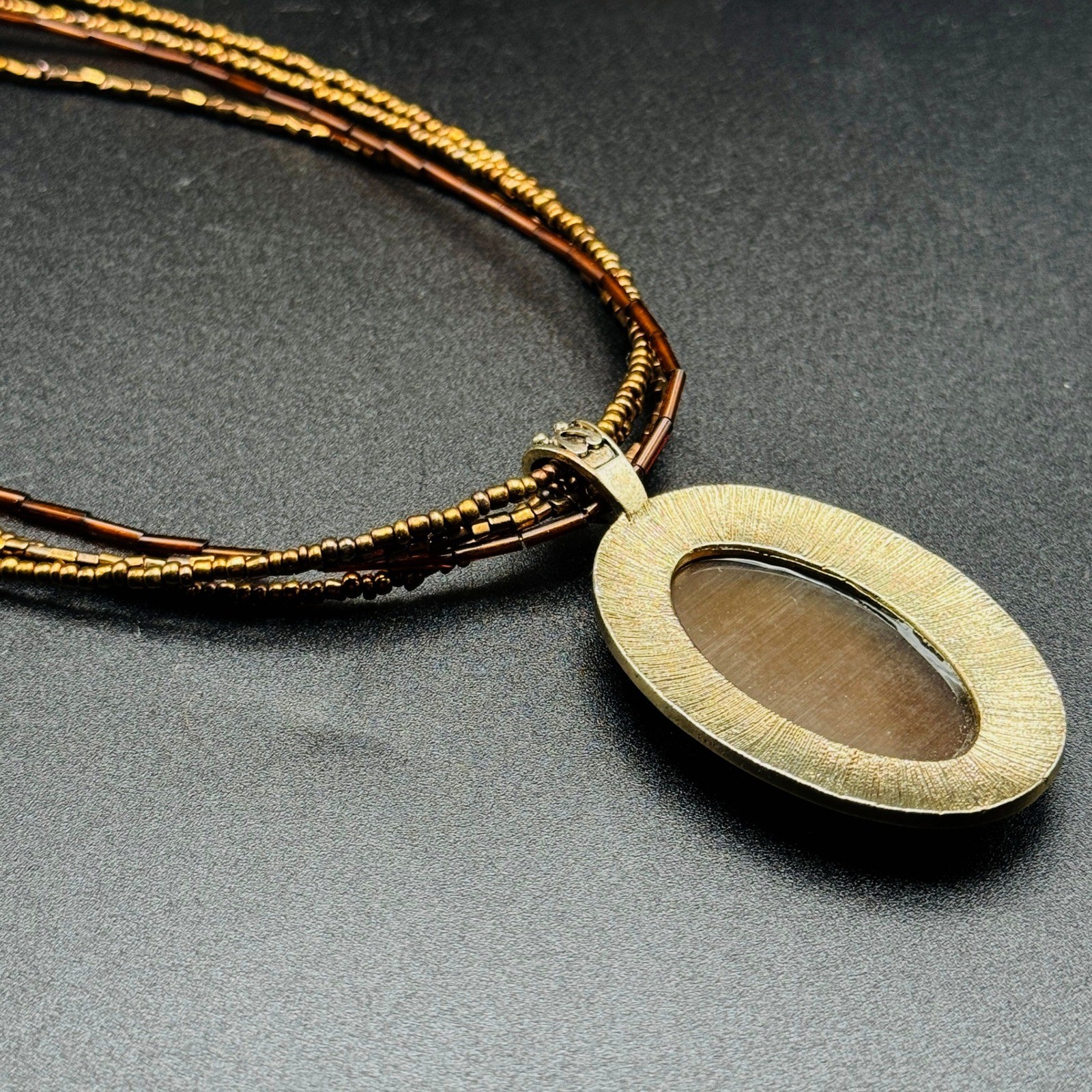 Brown Cats Eye Pendant Multi Strand Seed Bead Necklace Bronze Gold Boho Bohemian