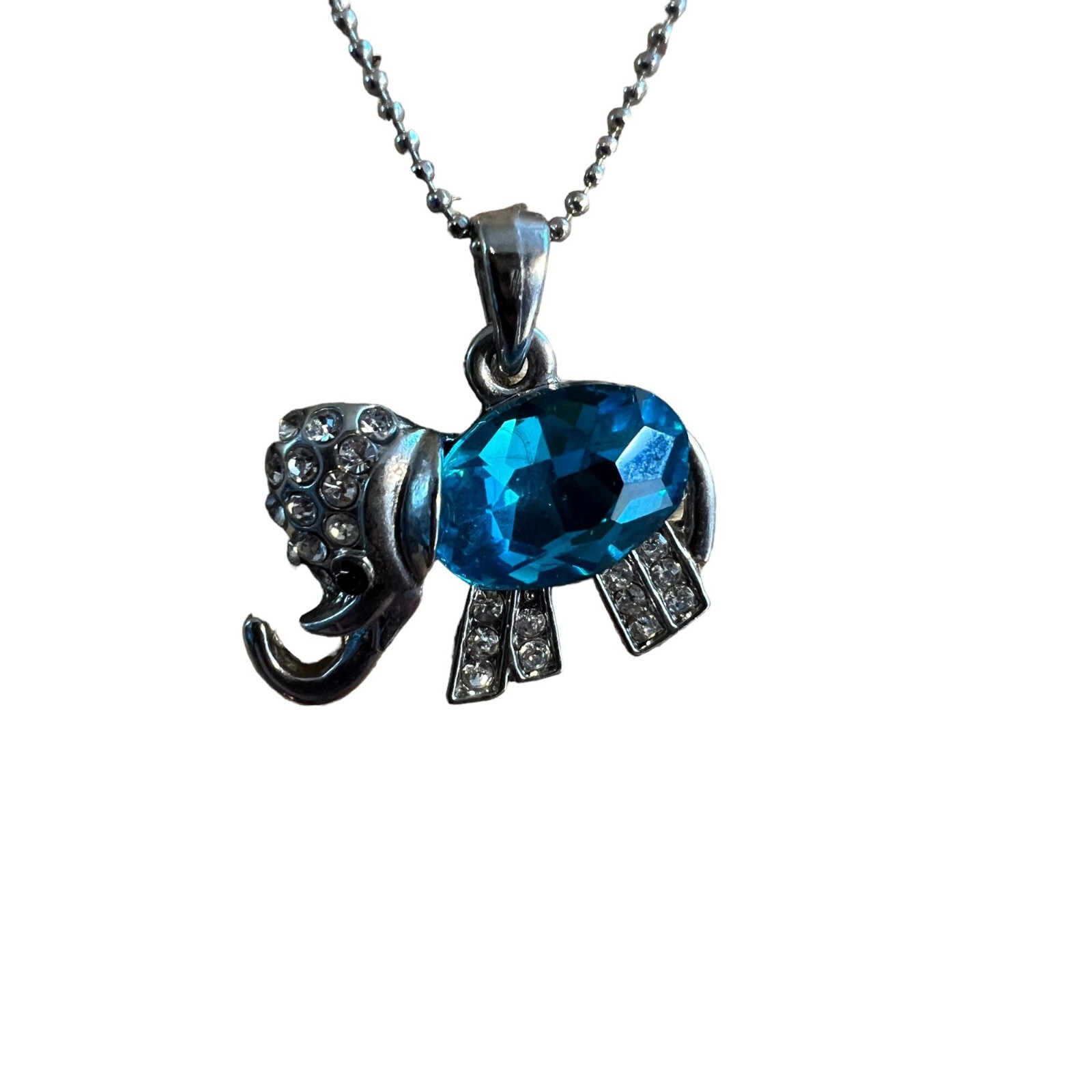 Adult Jewels Silver Tone Necklace Elephant Pendant Crystal Blue Rhinestone 17″ N