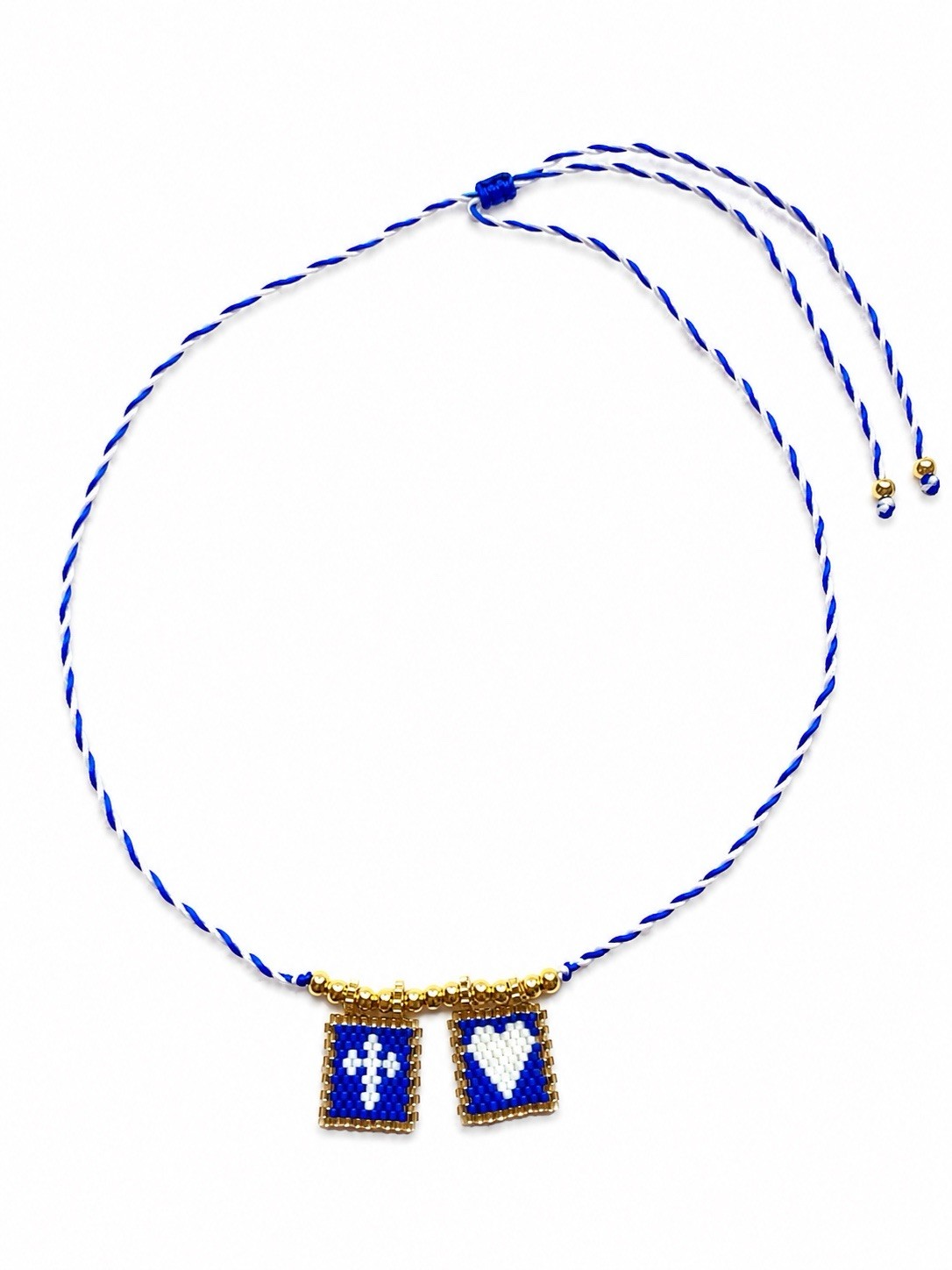 Adjustable Blue & White Cord Charm Necklace Square Love Pendants Tie Closure