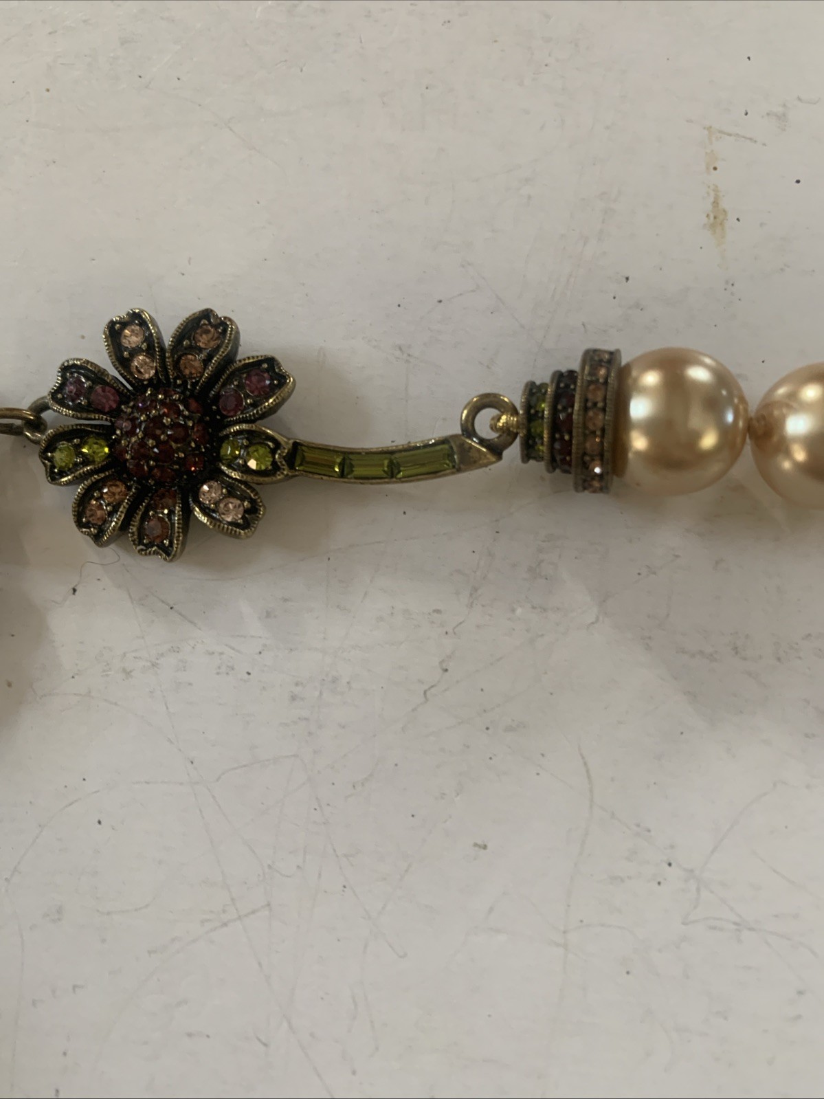 Heidi Daus Necklace Crystal Sunflower Y-Drop Champagne Faux Pearls Excellent
