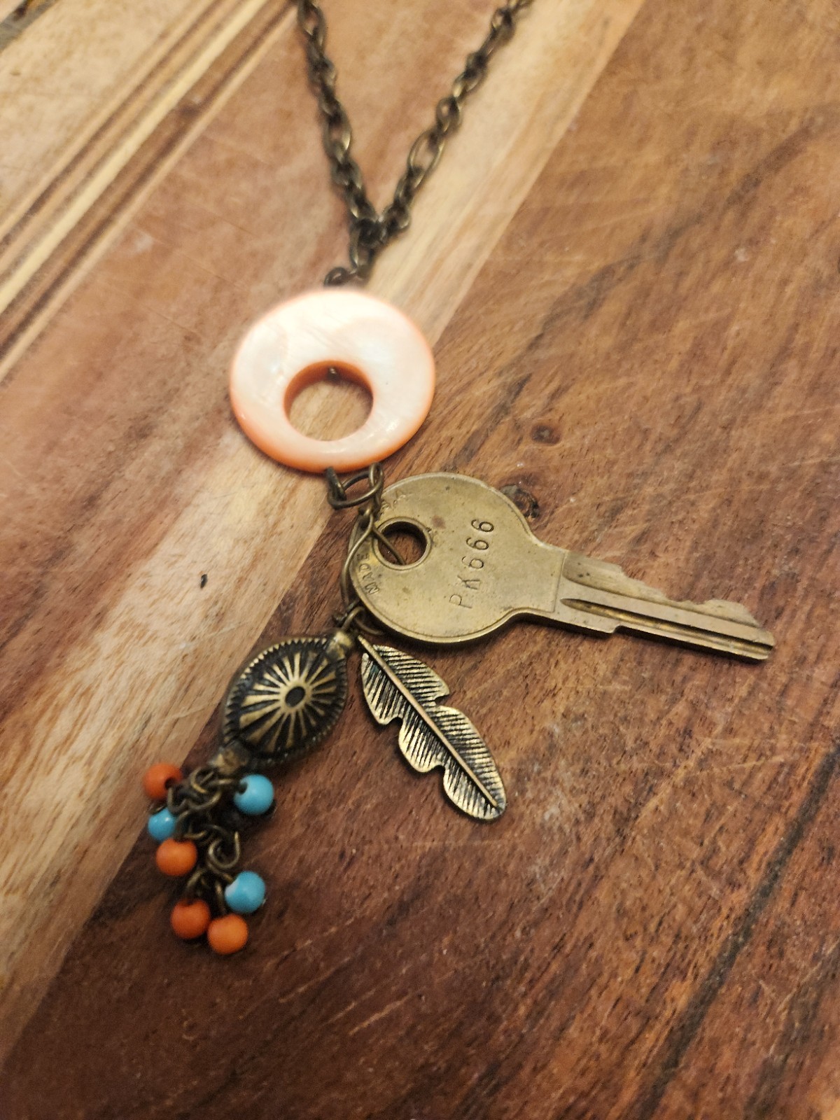 Gold-Tone Bohemian Charm Necklace Key Feather Bead Dangles Cable Chain