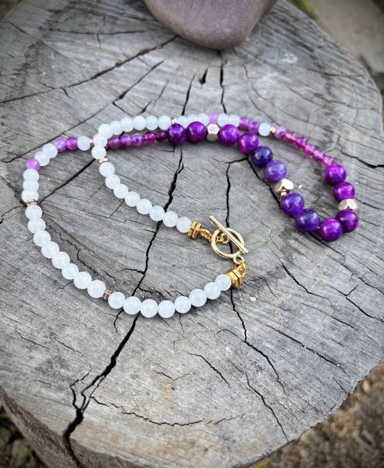 Purple, amethyst w/ white jade stone Necklace, Ball/Bead Chain, Toggle Clasp