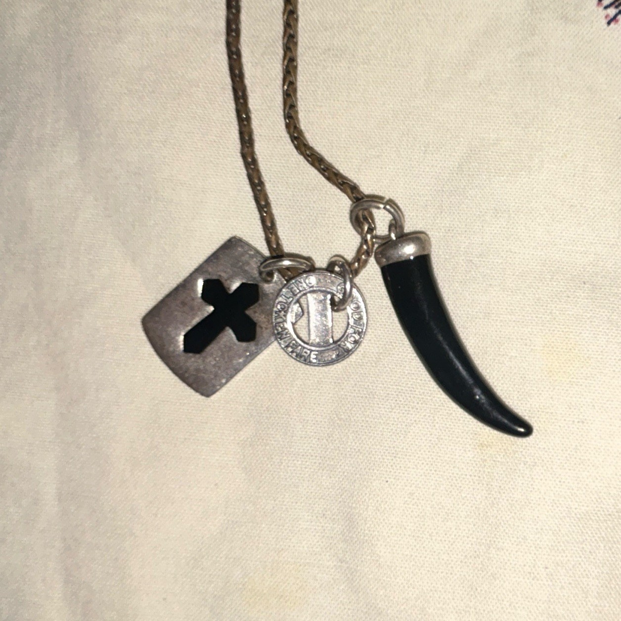 Silver Tone Snake Chain Necklace Cross Charm Black Horn Pendant Adjustable