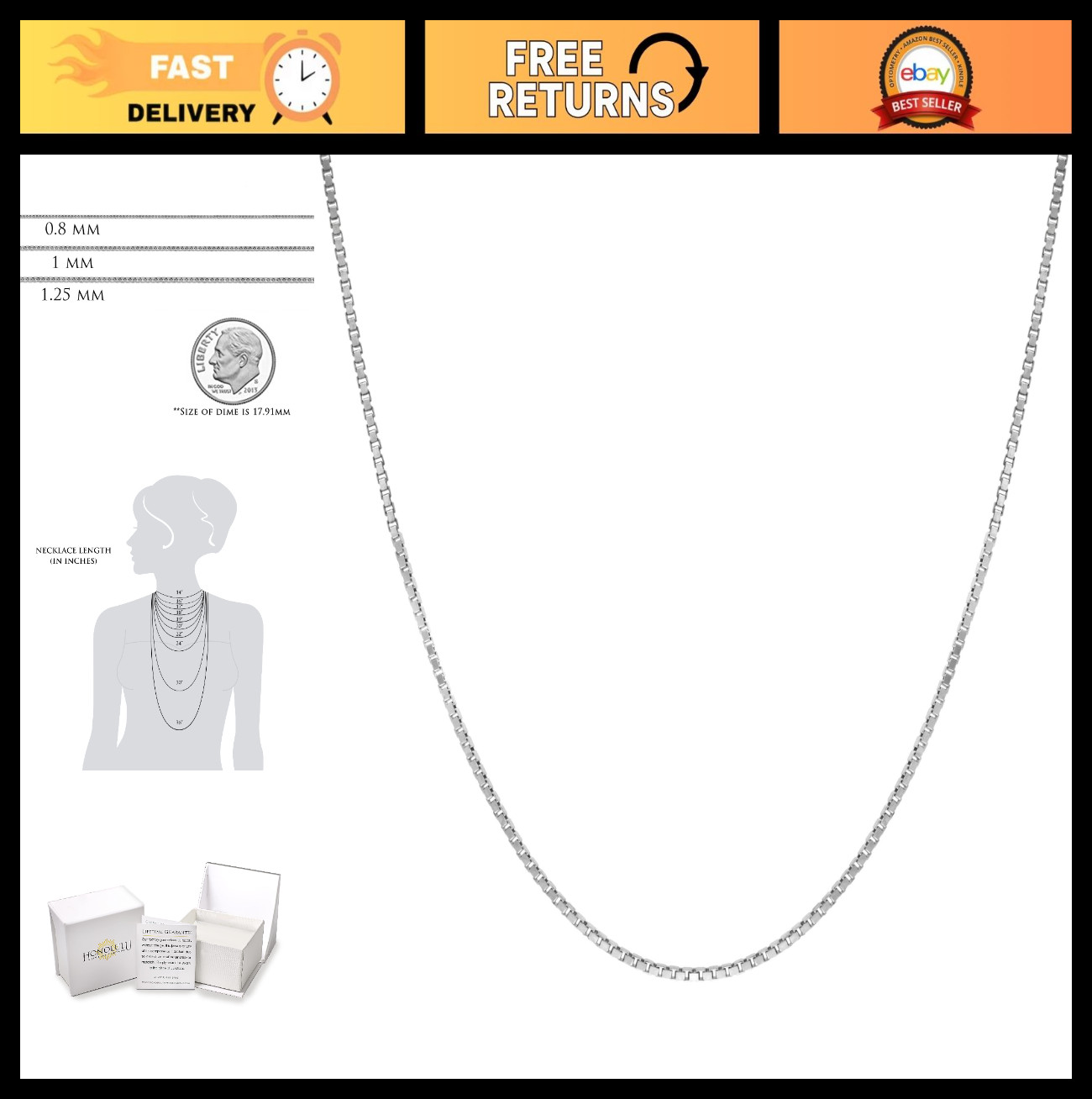 Sterling Silver Chain Necklace for Women – 1mm Tarnish Resistant, Italian Made,