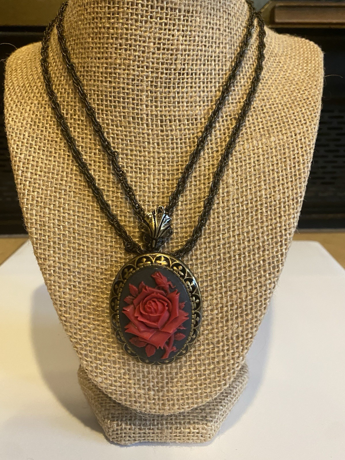 Sweet Romance USA Red Rose Double Strand Statement Necklace Antique Gold
