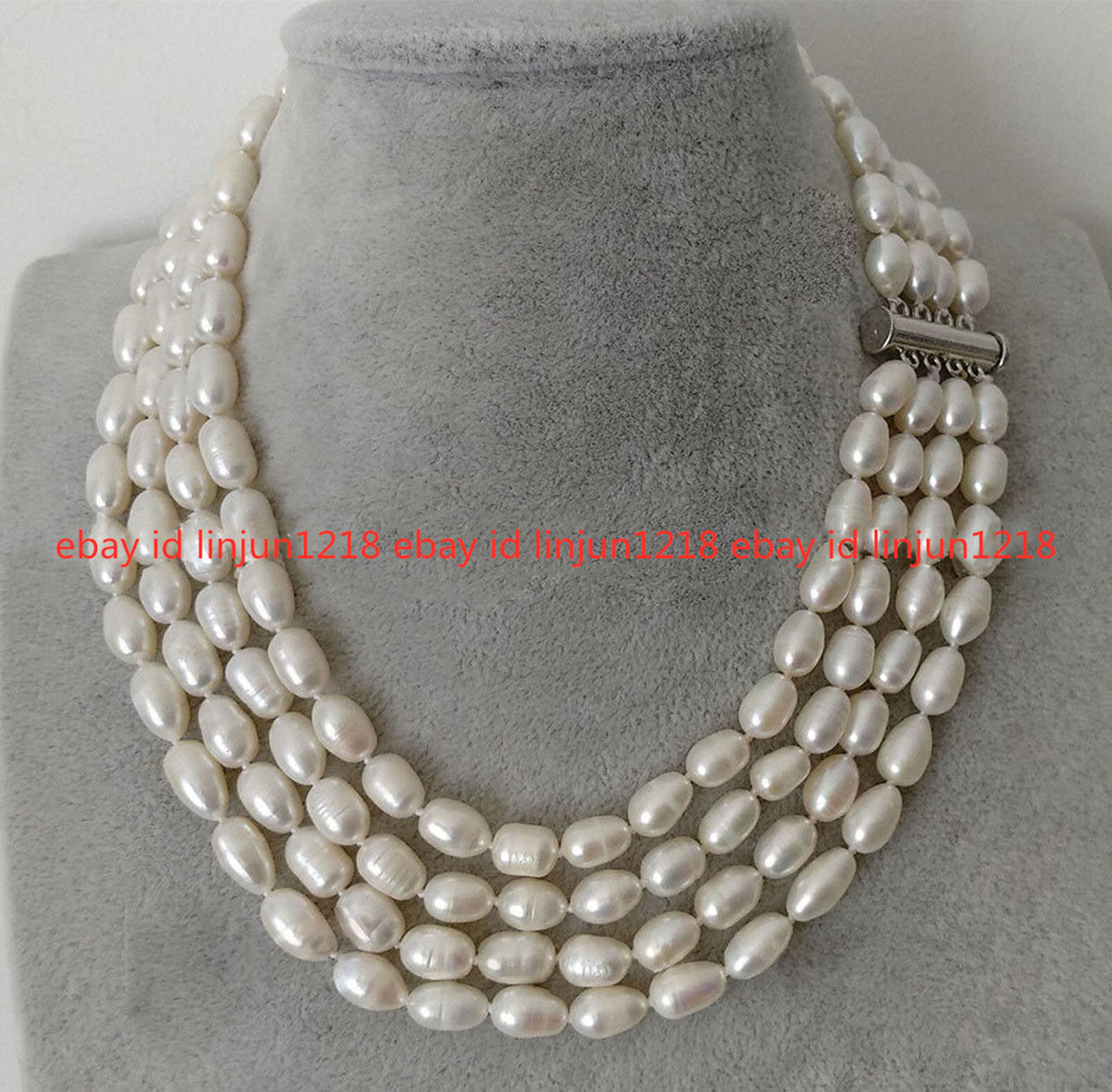 4 Rows 7-8mm White Rice Baroque Freshwater Cultured Real Pearl Necklace 17-20”