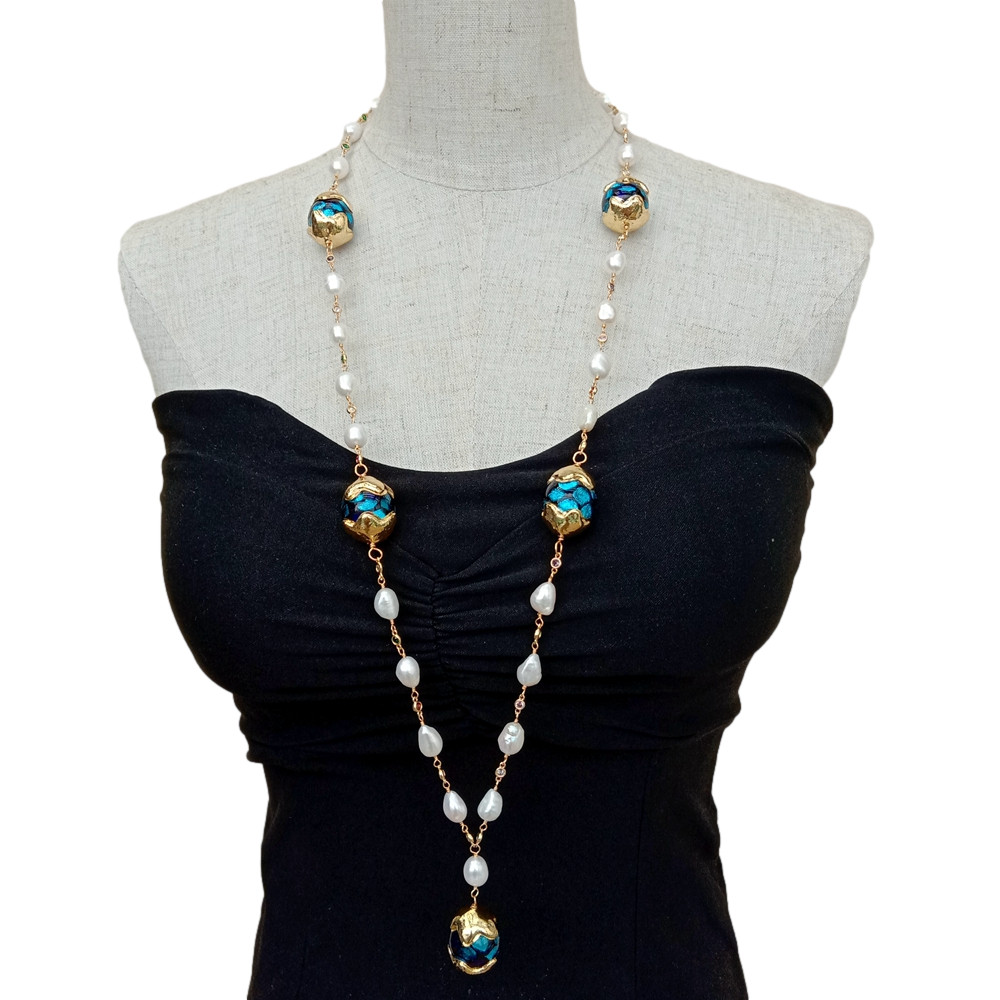 33″ Cultured White Baroque Pearl Blue Murano Glass Rosary Chain Long Necklace