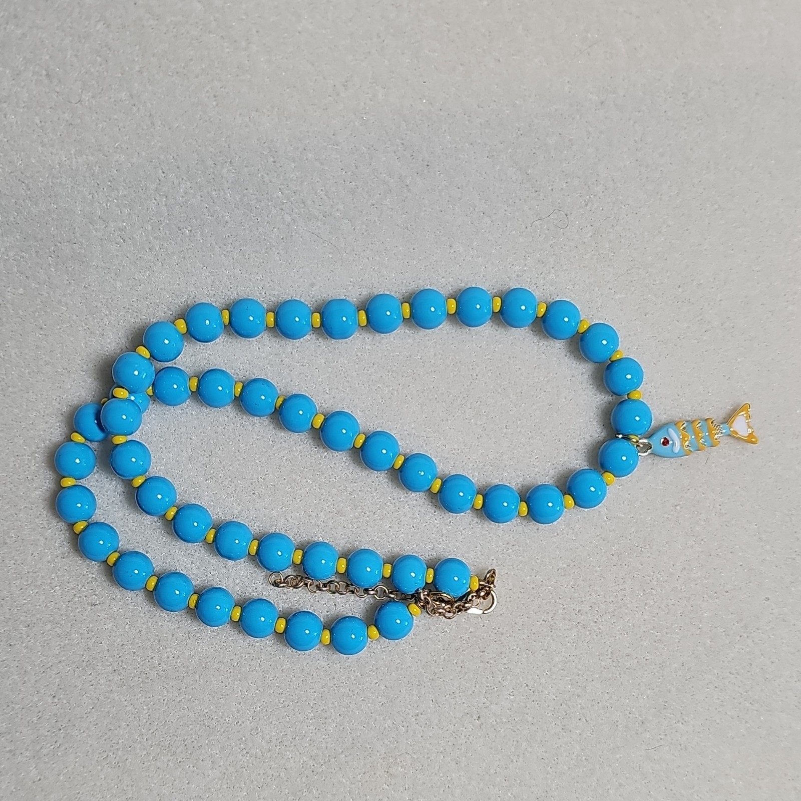 Handmade Blue & Yellow Glass Beaded Necklace w Enamel Fish Charm & Lobster Clasp