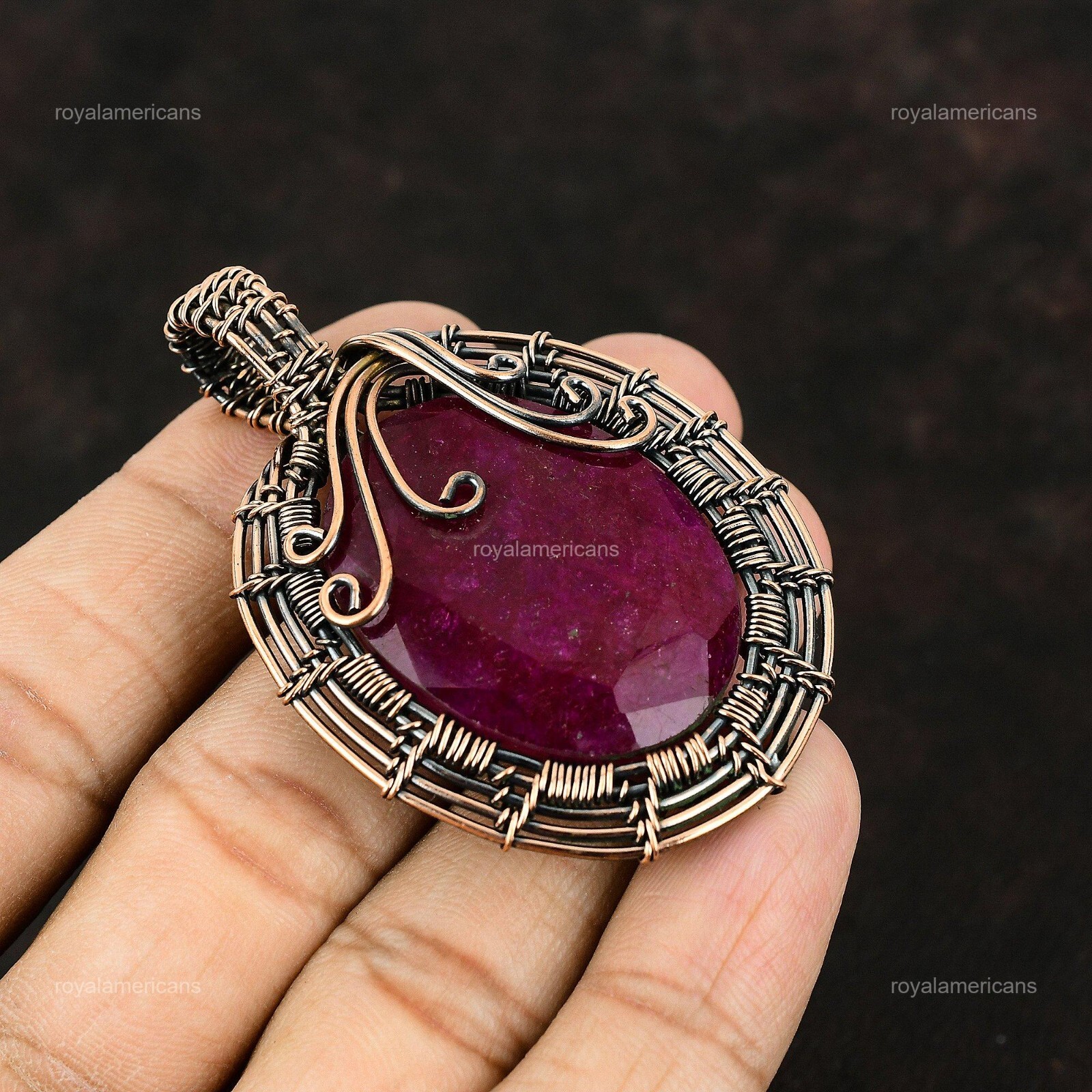 Kashmir Rubi Gemstone Wire Wrapped Pendant Handcrafted Copper Jewelry 2.52″