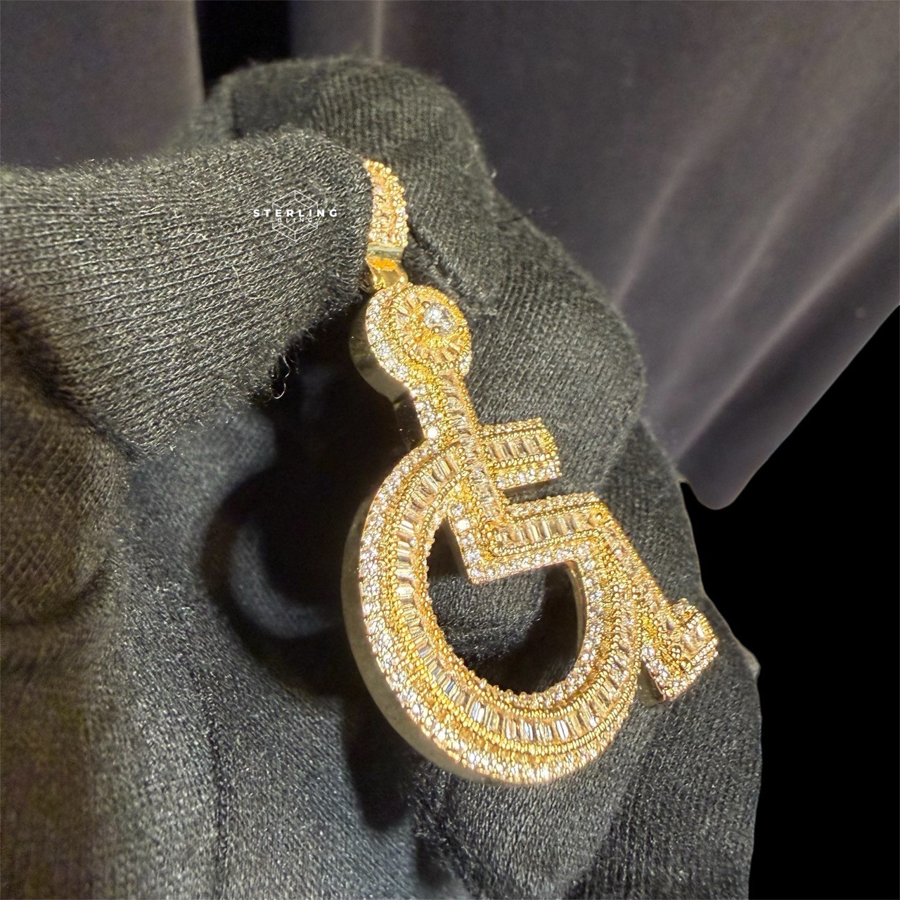 14k Gold Plated Iced Out Wheelchair Pendant Bling + AntiTarnish Rope Chain