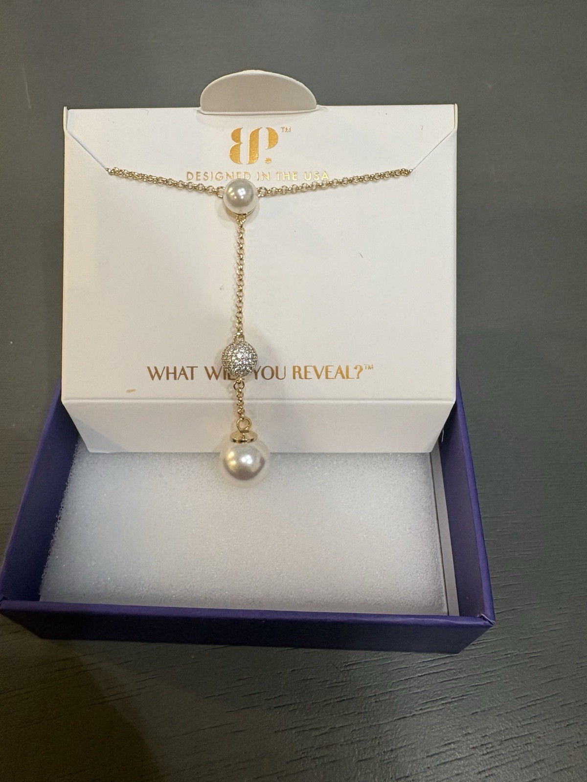 BP Gold Plated White Pearl CZ Pavé Y-Drop Pendant Necklace 18″ NK72620