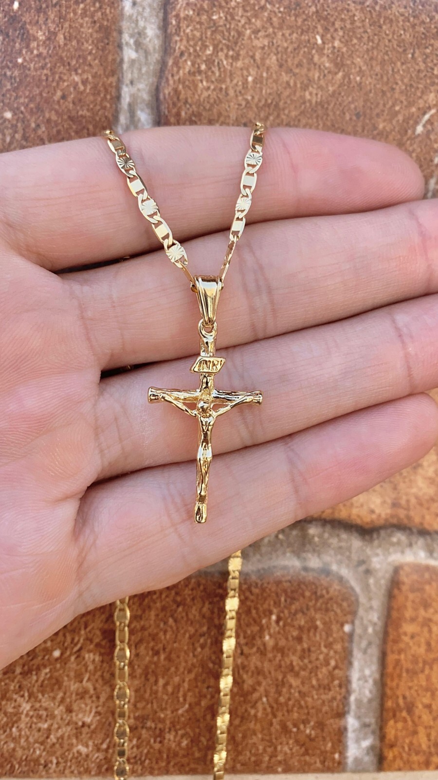 Cross Pendant Necklace 14K Gold Filled Valetino Chain Unisex Youth Womens