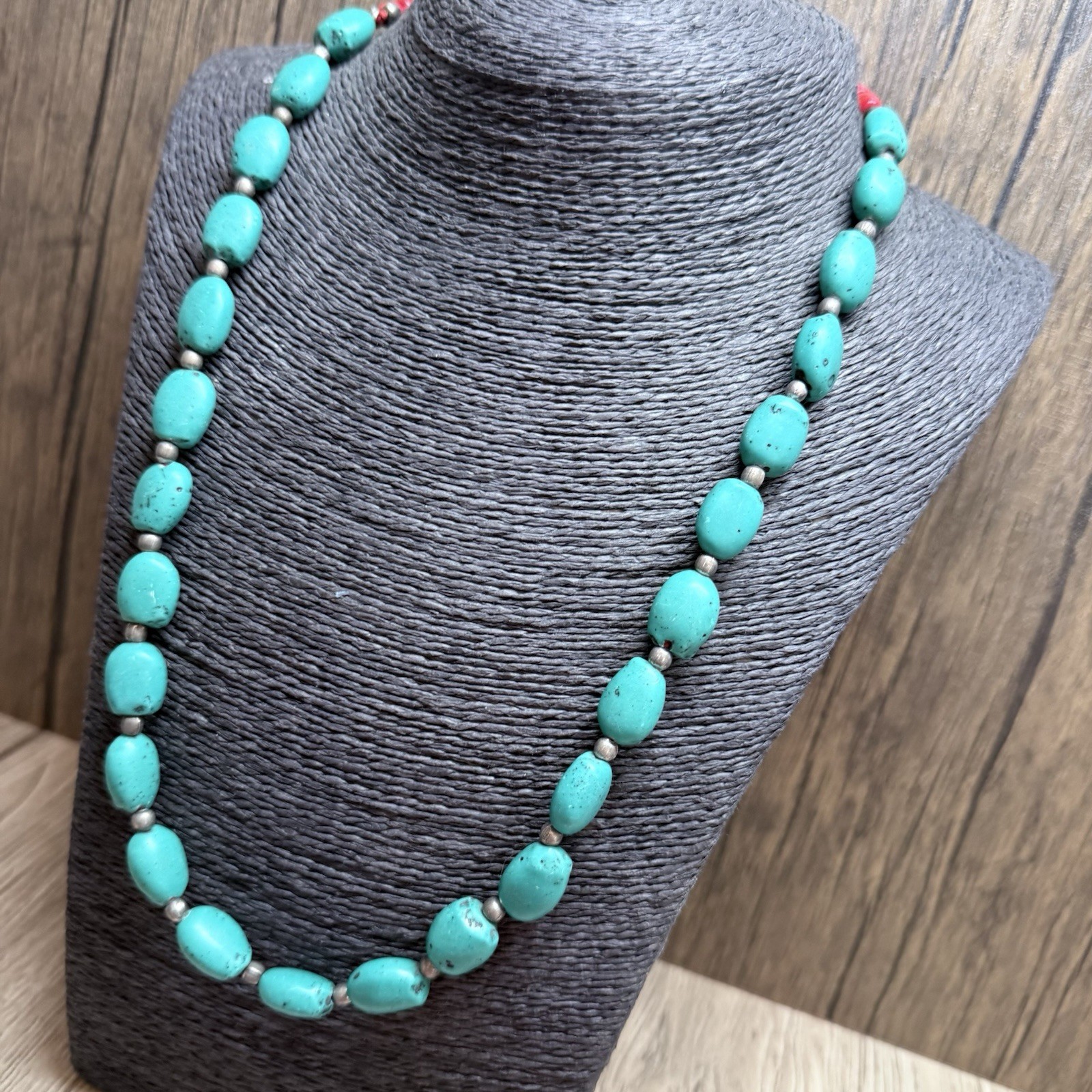 RETRO Turquoise & Coral Colour Beaded Necklace 60cm Adj. Kitsch Pretty Boho