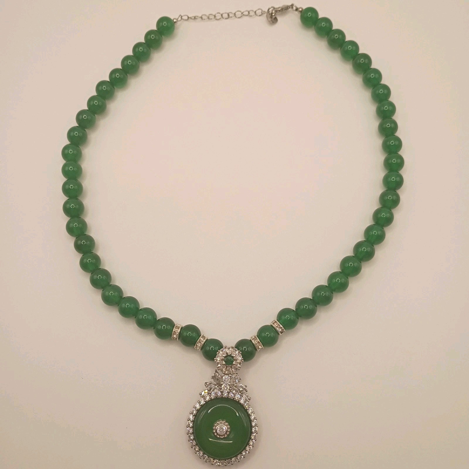 Green Agate Donut & Cubic Zirconia Halo Necklace Chinese Ping’an Kou 17″