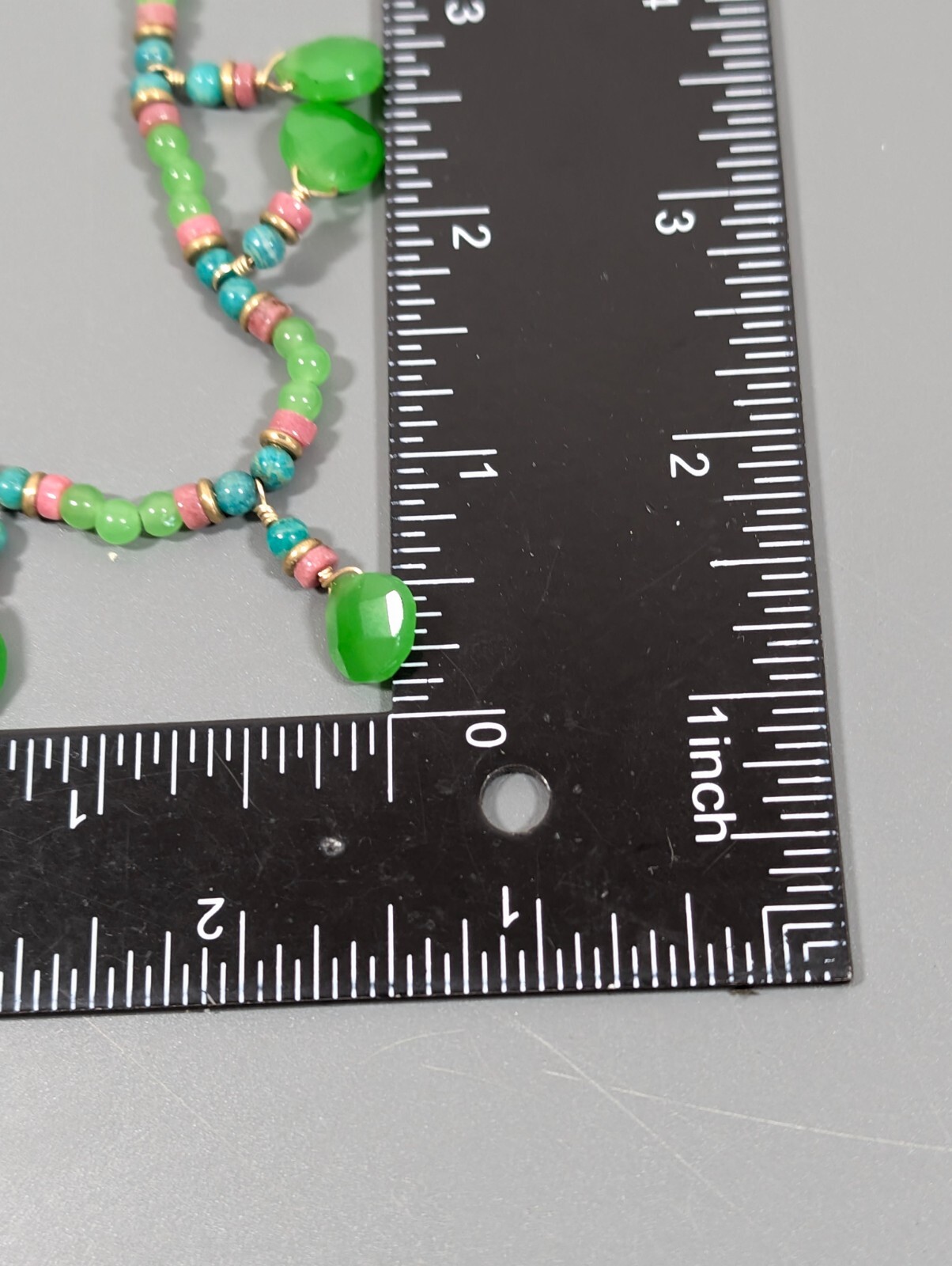 Tribal Western Boho Green Stone Teardrop Charm Pink Stacked Bead Necklace 15 in