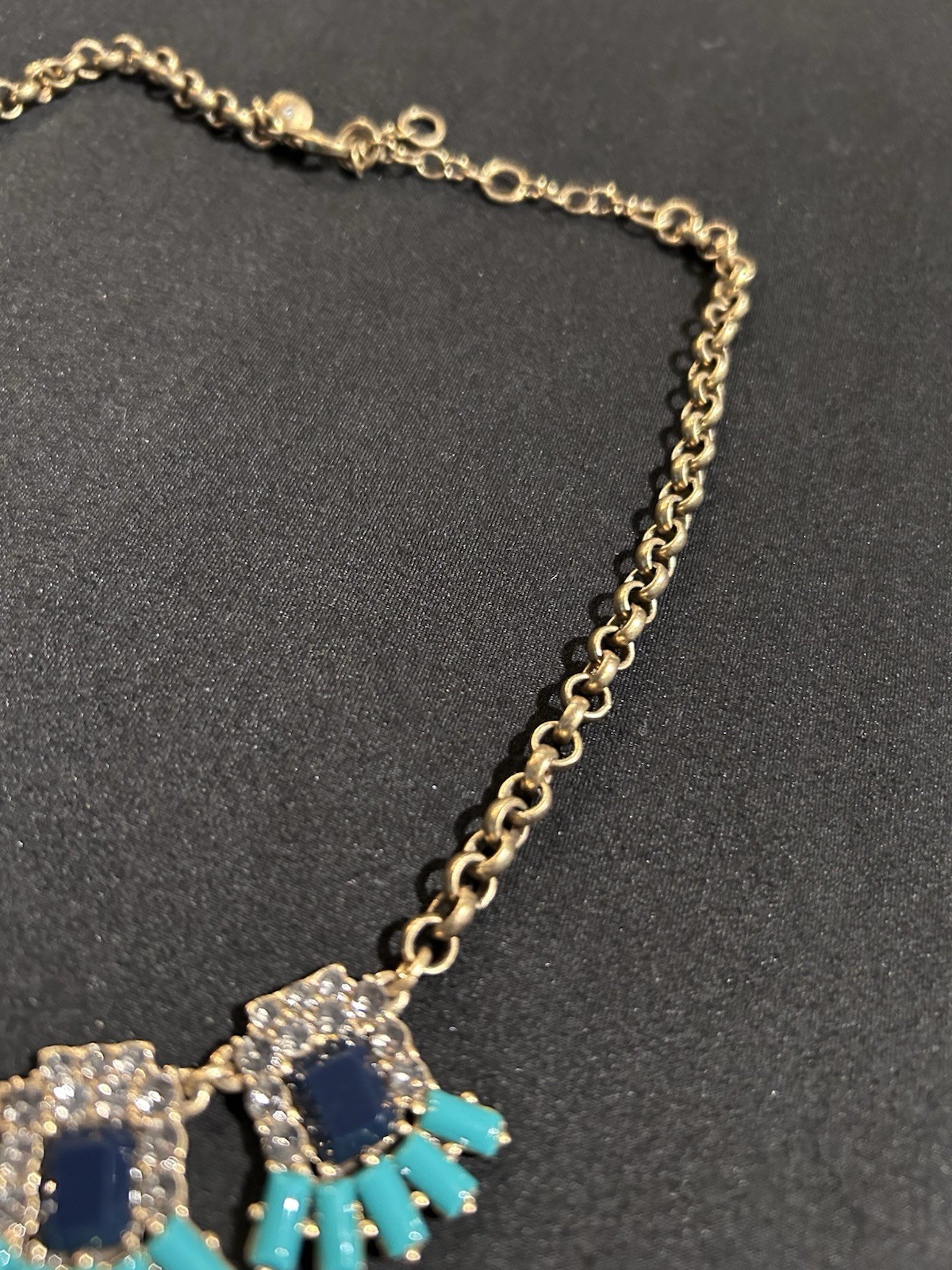 J.Crew – Gold Tone Statement Necklace Clear Crystal, Turquoise, Blue Pendants