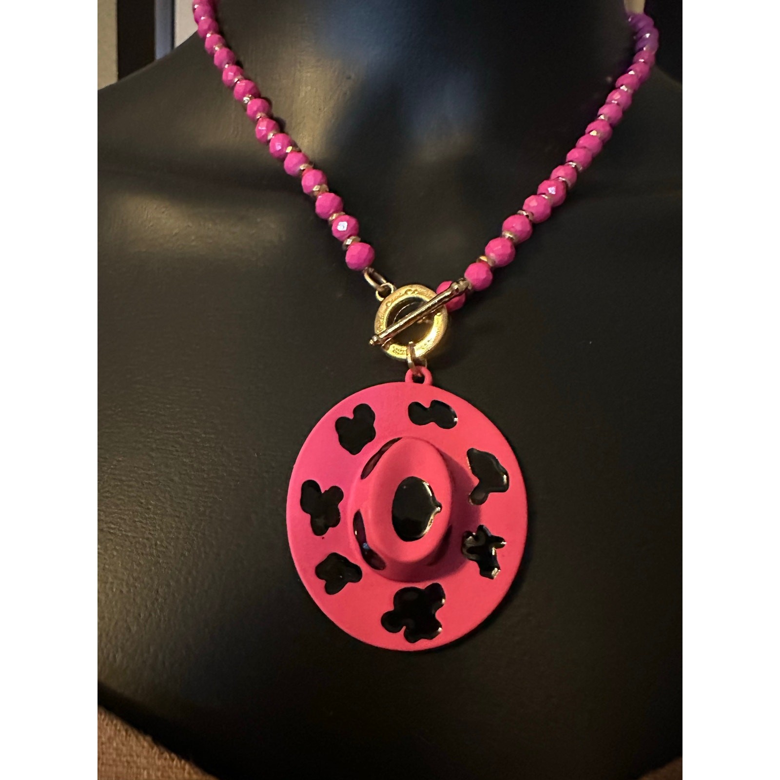 EMMA Western Pink Cow Print Cowboy Hat Pendant Necklace and Earring Set