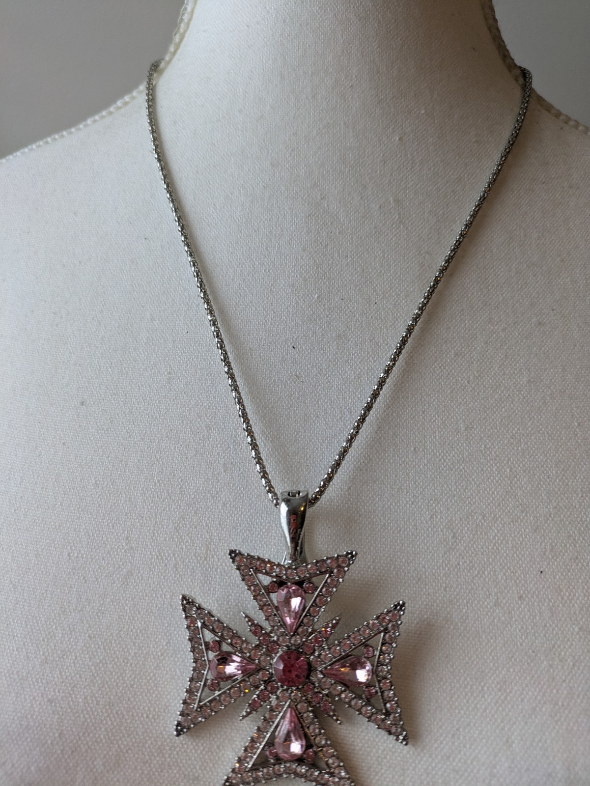 RMN Roman Pendant Necklace In Silver Tone & Pink Rhinestones Maltese Cross