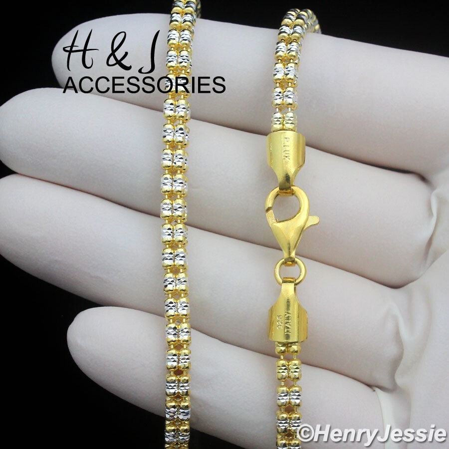 925 STERLING SILVER 24″X4MM GOLD PLATED 2-TONE DIAMOND-CUT ICE LINK NECKLACE*A23