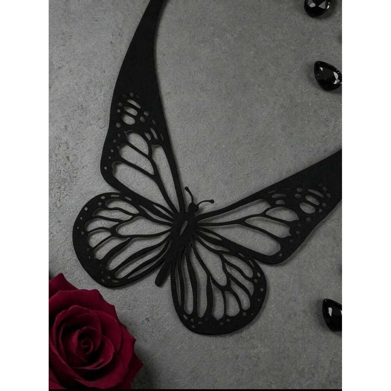 Hollow Carved Butterfly Choker, Black Double-Layer PU Leather Gothic Style