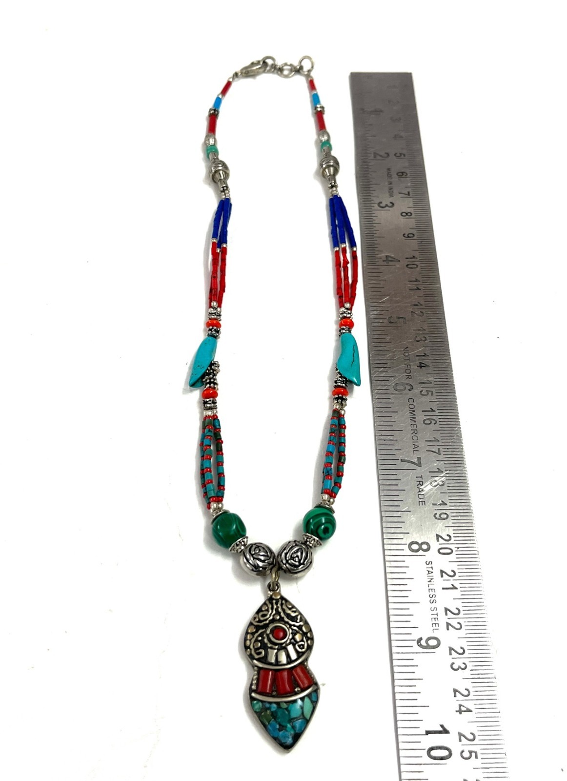 Vintage Coral Turquoise Gemstone Tibetan Style Necklace Jewelry, 17 Inch Adjs