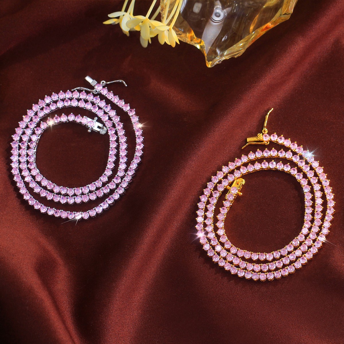 3mm Pink Round Cubic Zirconia Gold Plated Tennis Necklace Women Wedding Jewelry