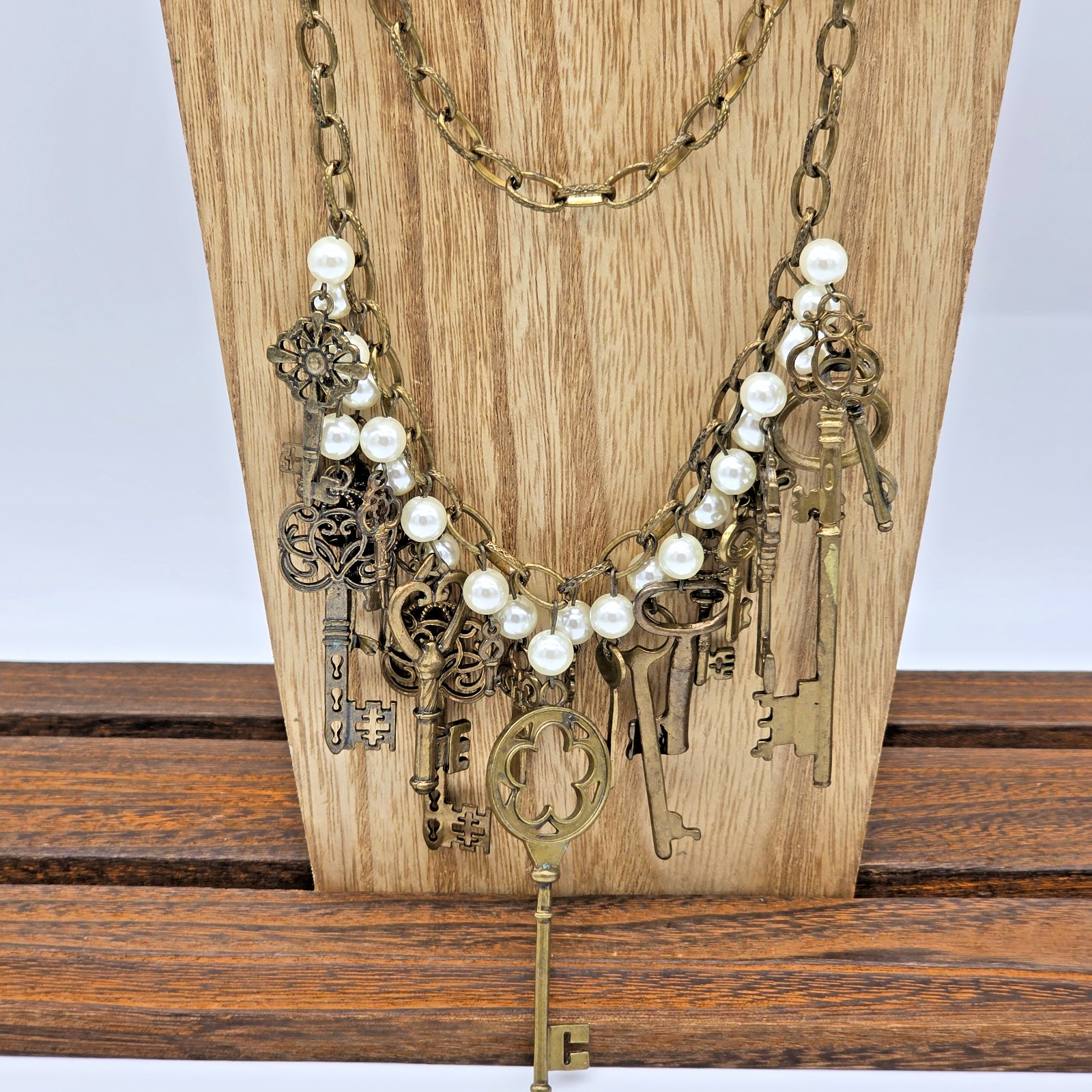 Plunder QUINCY Antique Bronze Fringe Necklace Pearls Brass Skeleton Keys 36”
