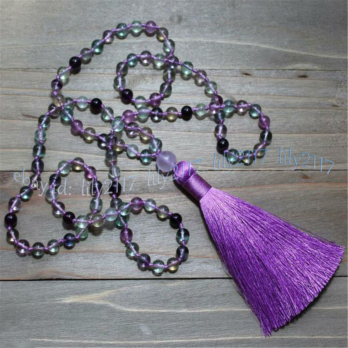 6/8/10mm Natural Rainbow Fluorite Round Gems 108 Prayer Beads Tassel Necklace