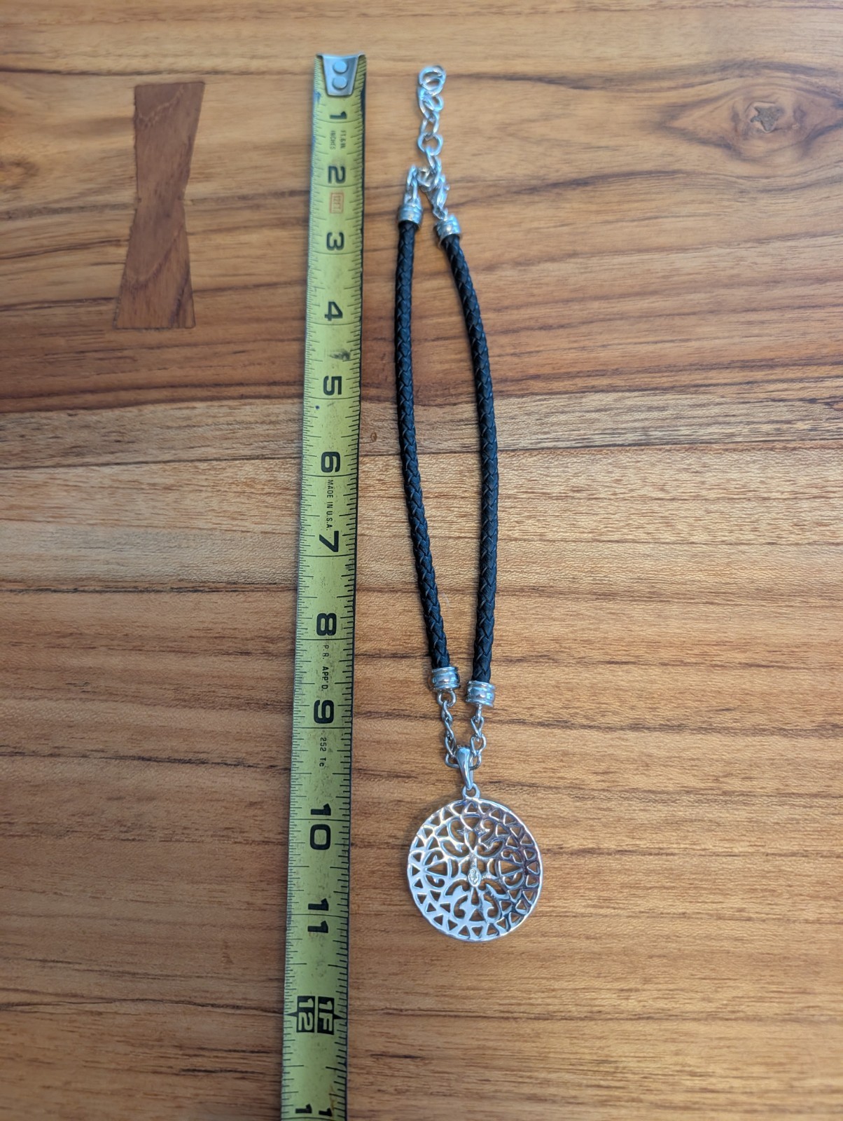 Black Braided Leather Cord Necklace Silver Tone Round Cutout Charm