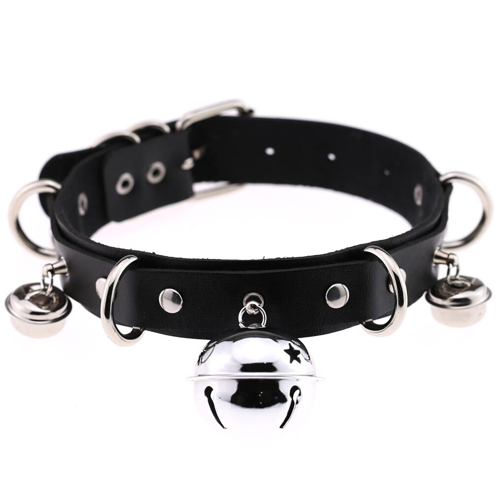 Allacki Punk Leather Choker Necklace Multilayer Bells Metal Chocker Collar