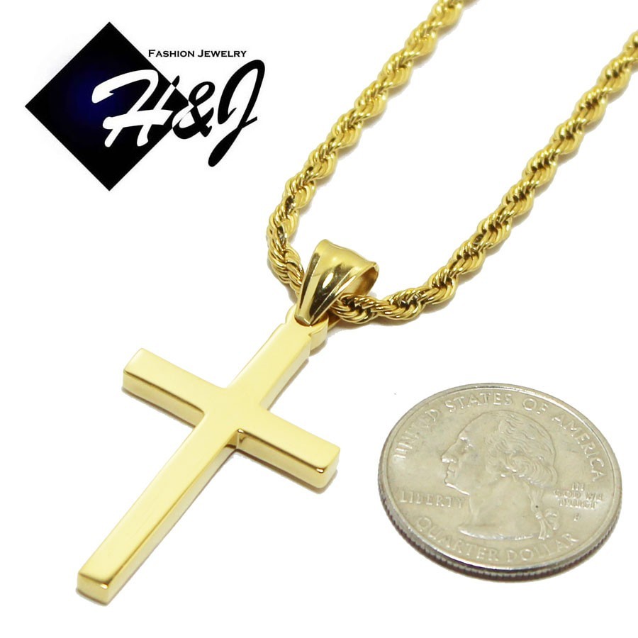 20″MEN Stainless Steel 2.5mm Gold Plated Rope Chain Necklace Cross Pendant*GP