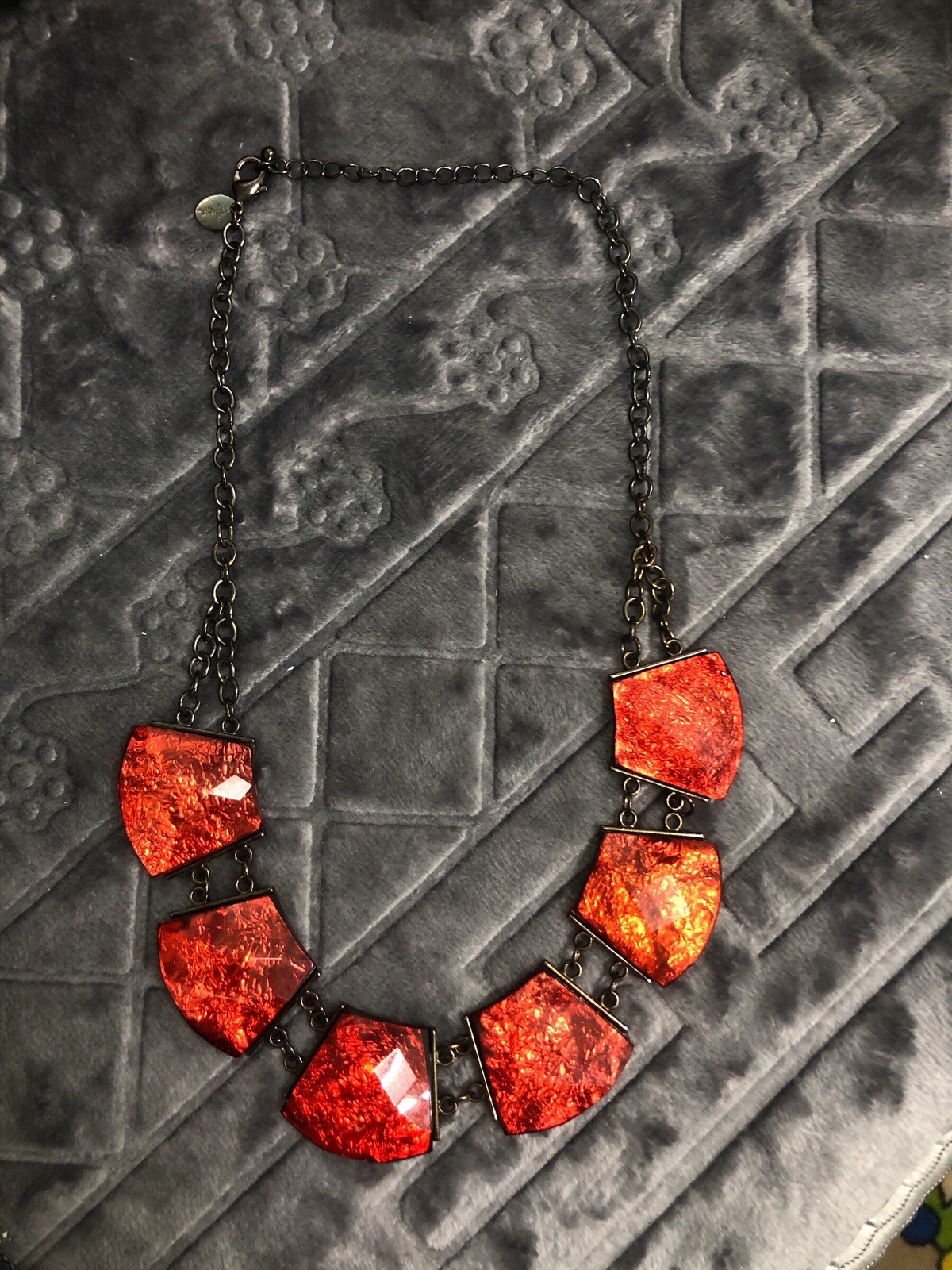 Vintage Handmade Red Geometric Statement Bib Necklace Black Tone Jewelry