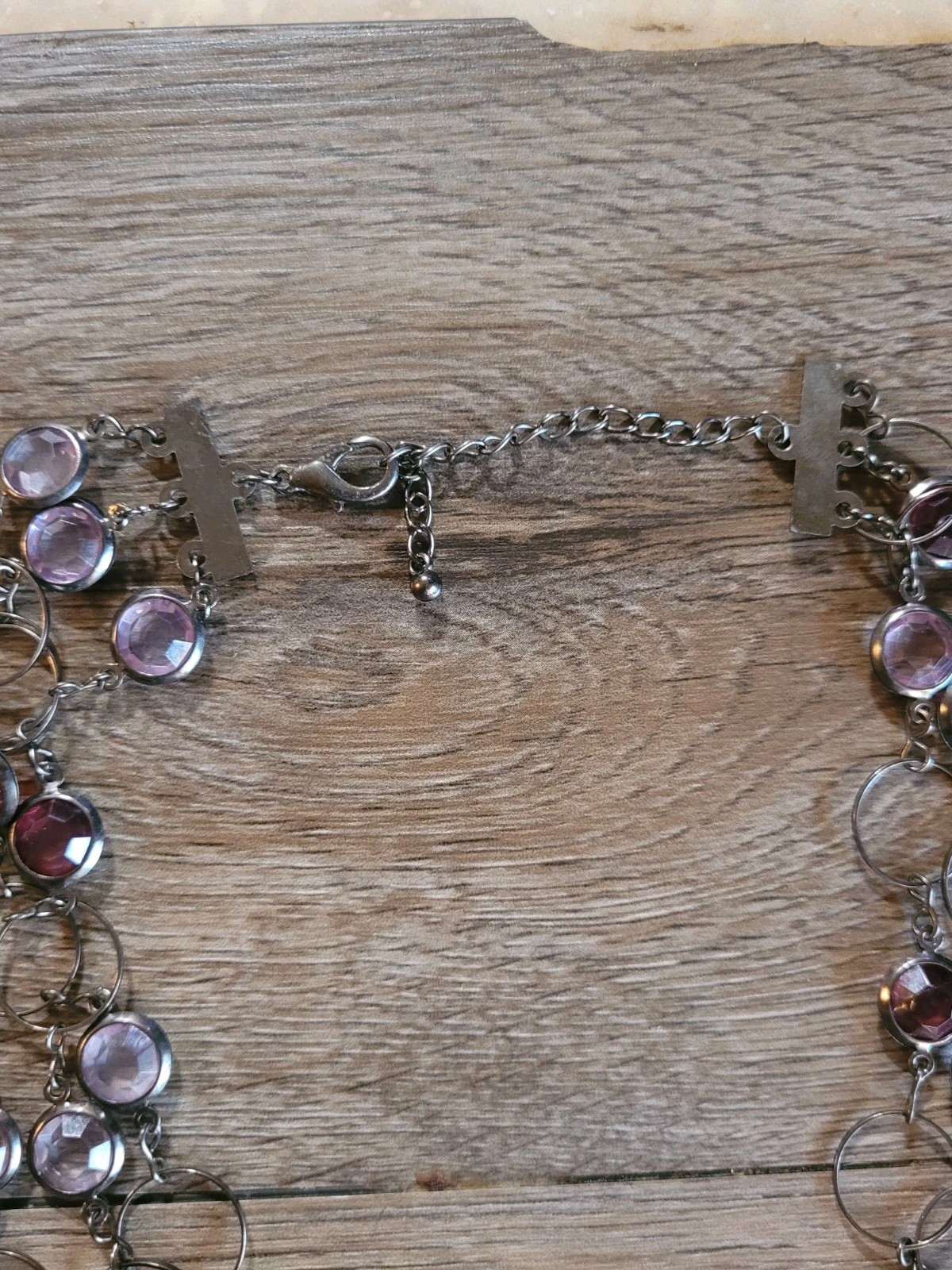 Multi Strand Multi Shape Purple Bezel Set Necklace Gun Metel Color Lobster Clasp