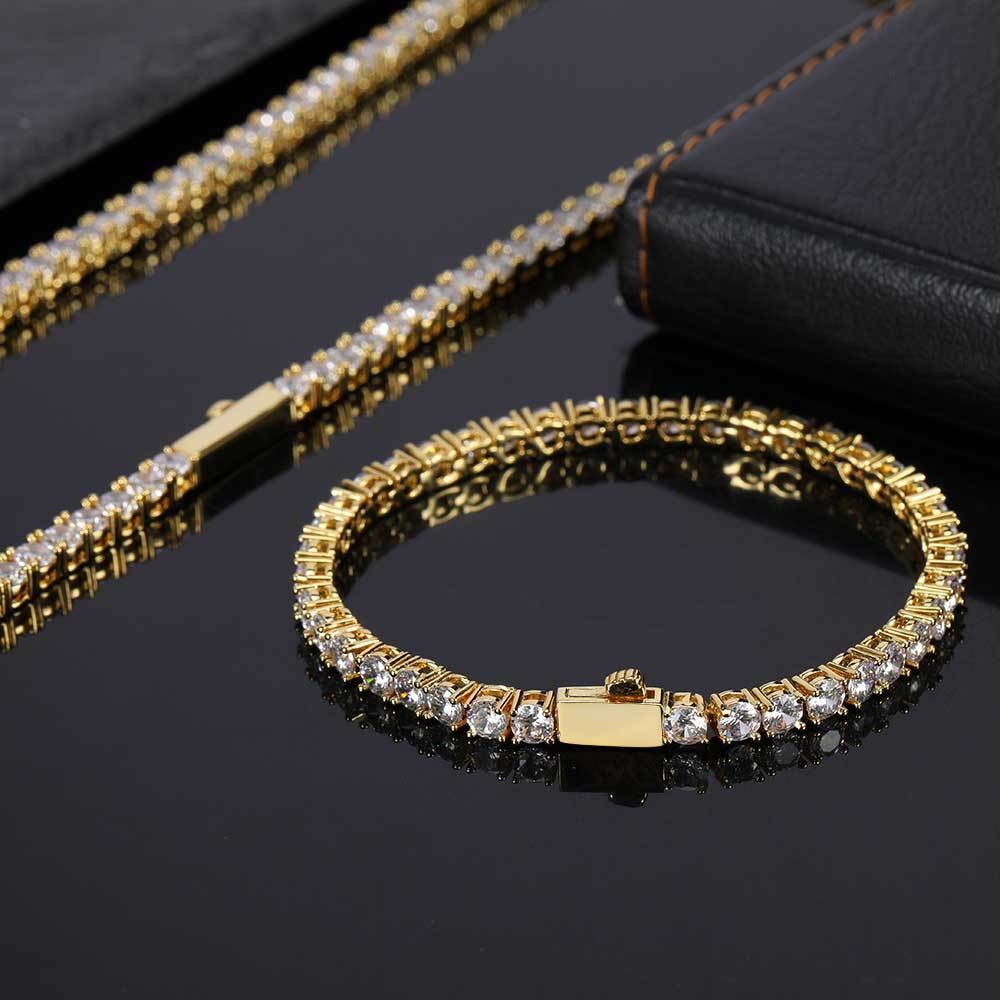 Hip Hop Tennis Chain Necklace 18K Real Gold Plated Full 5A Zircon Spring Clasp
