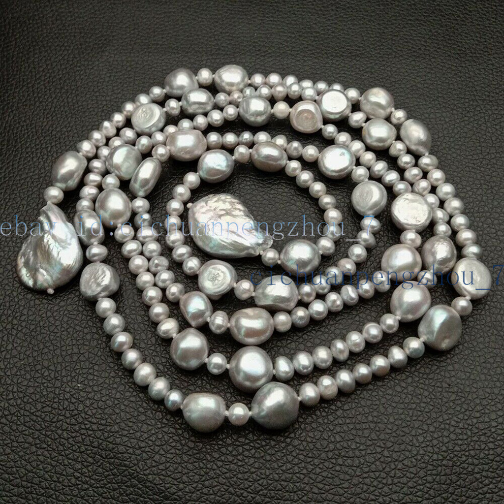 Natural 6-7mm 12-14mm Akoya Gray Cultured Coin Baroque Pearl Long Necklace 53”