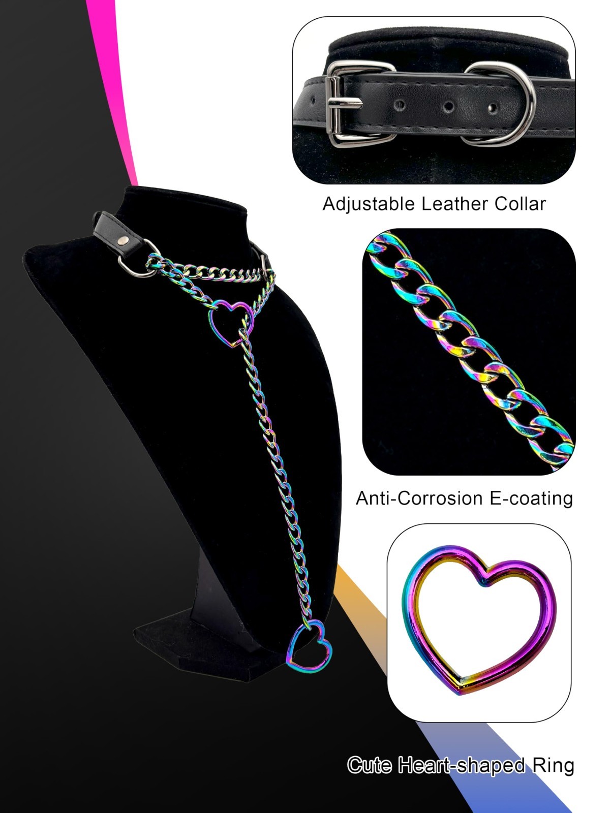 Handmade Black Leather Choker Collar for Women, Adjustable Heart Slip Chain Neck