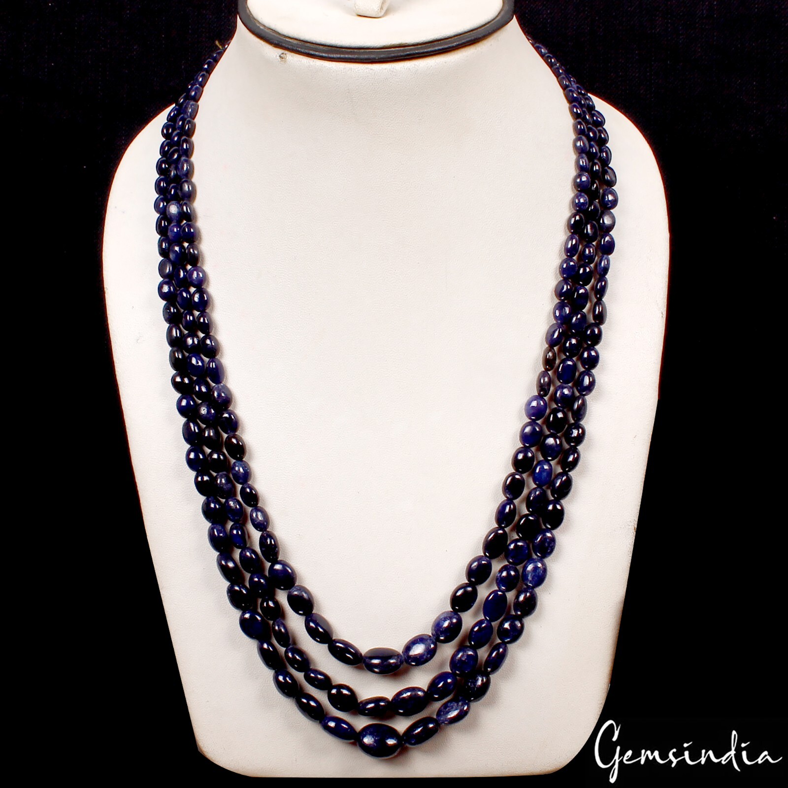 Natural Dark Blue Sapphire Oval Beaded 3 Strand Adjustable Necklace Jewelry 22″